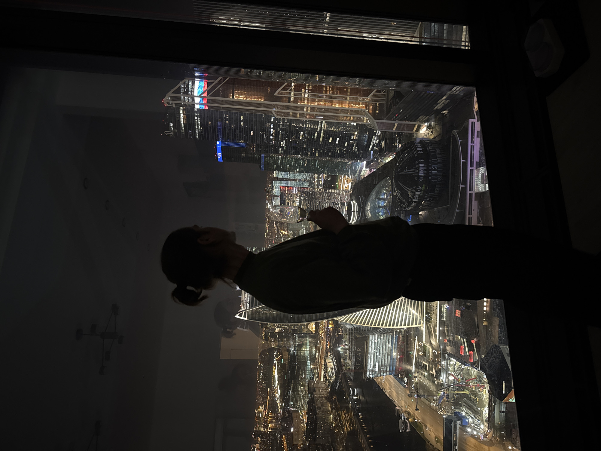 Person observes Moscow skyline from Khimki window at night