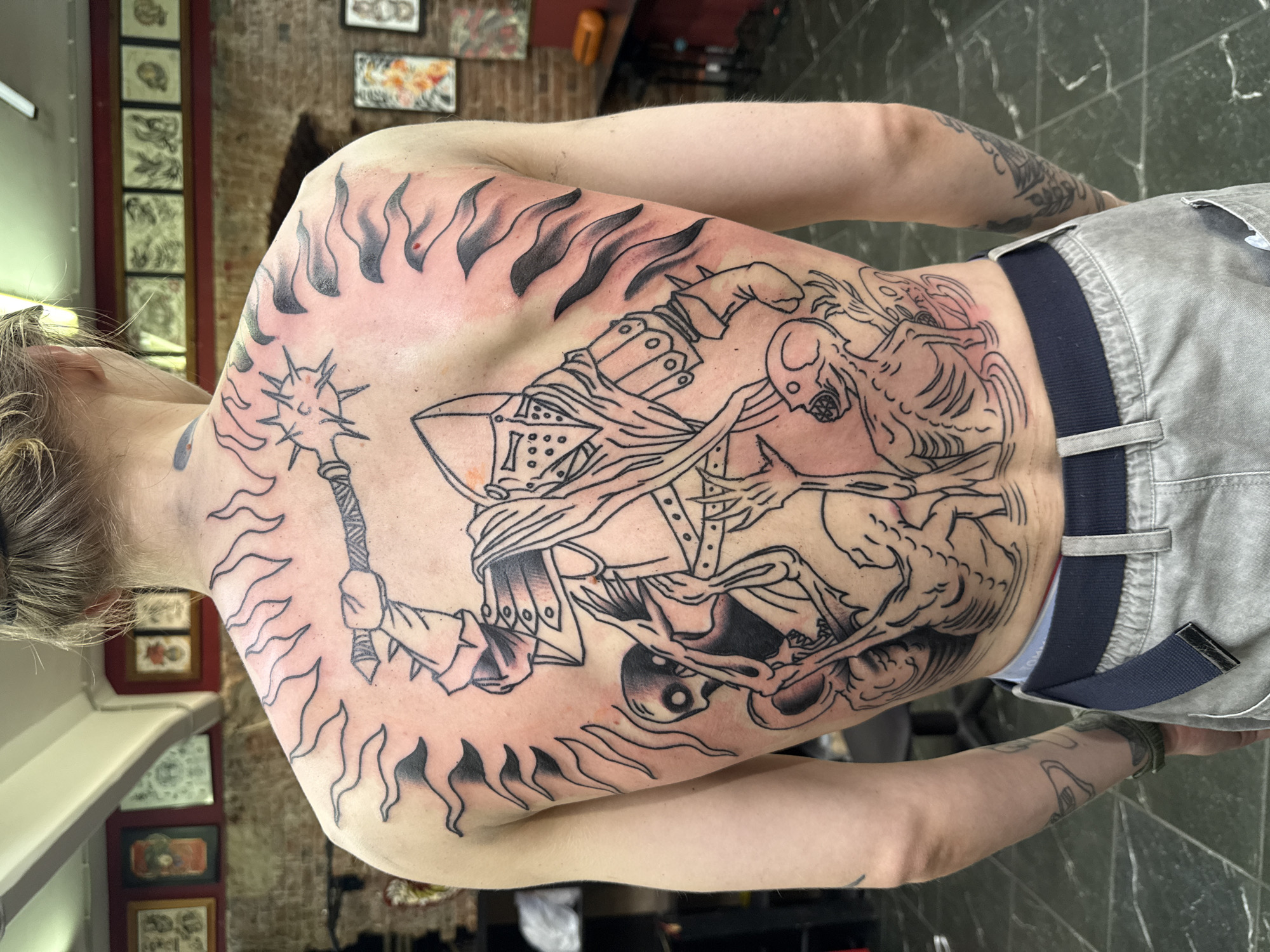 Detailed tattoo work on display at a Moscow studio