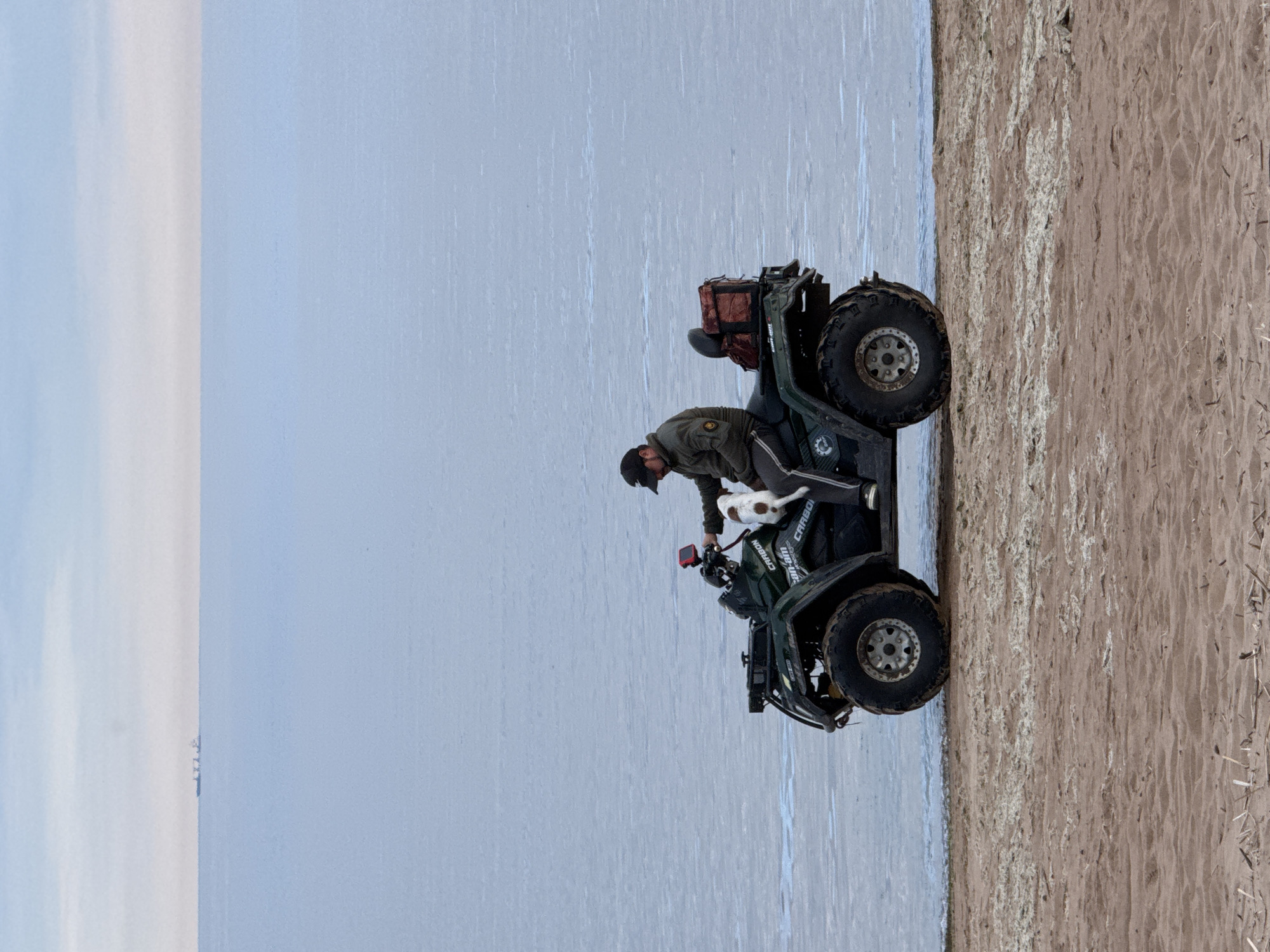 ATV parked on a pine-lined sandy beach in Zelenaya Roshcha