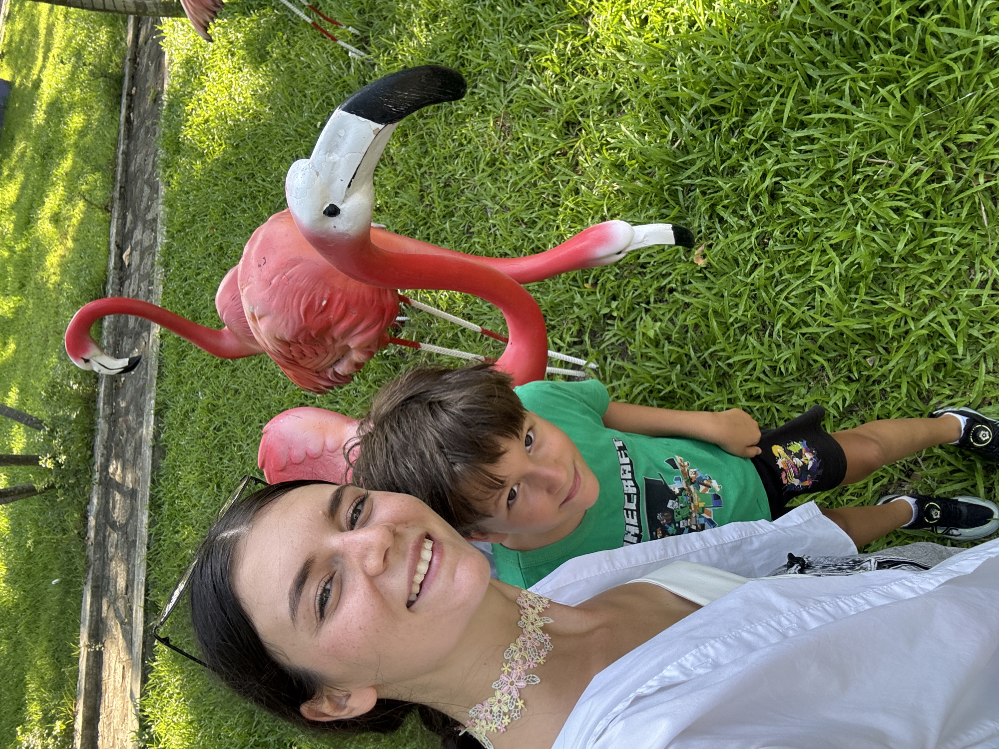 Posing with pink flamingos at a park in Thuận Nam
