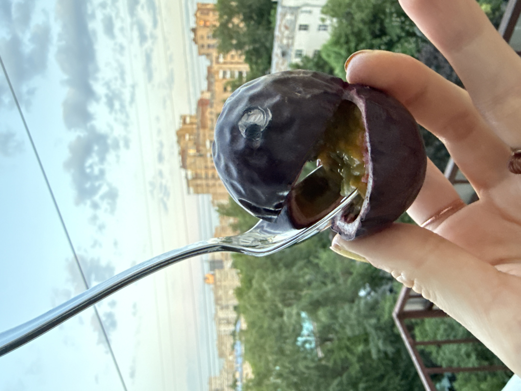 Person enjoys tropical fruit feast across Moscow skyline