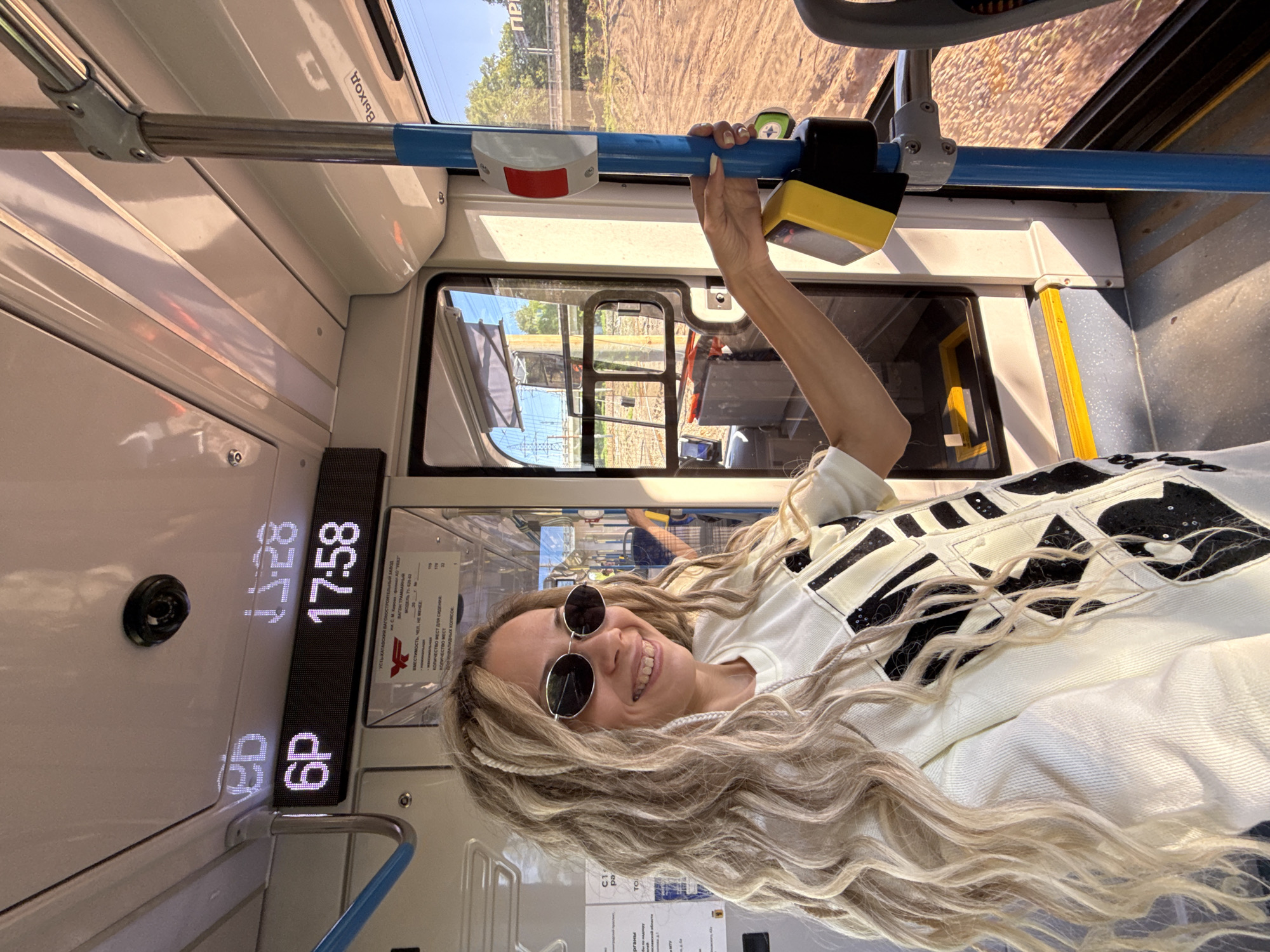 Woman rides tram in Zavolzhye, Russia