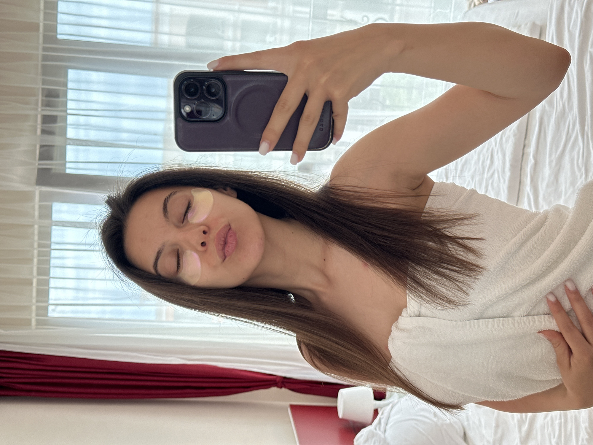Woman documents morning skincare routine at Bulgarian resort