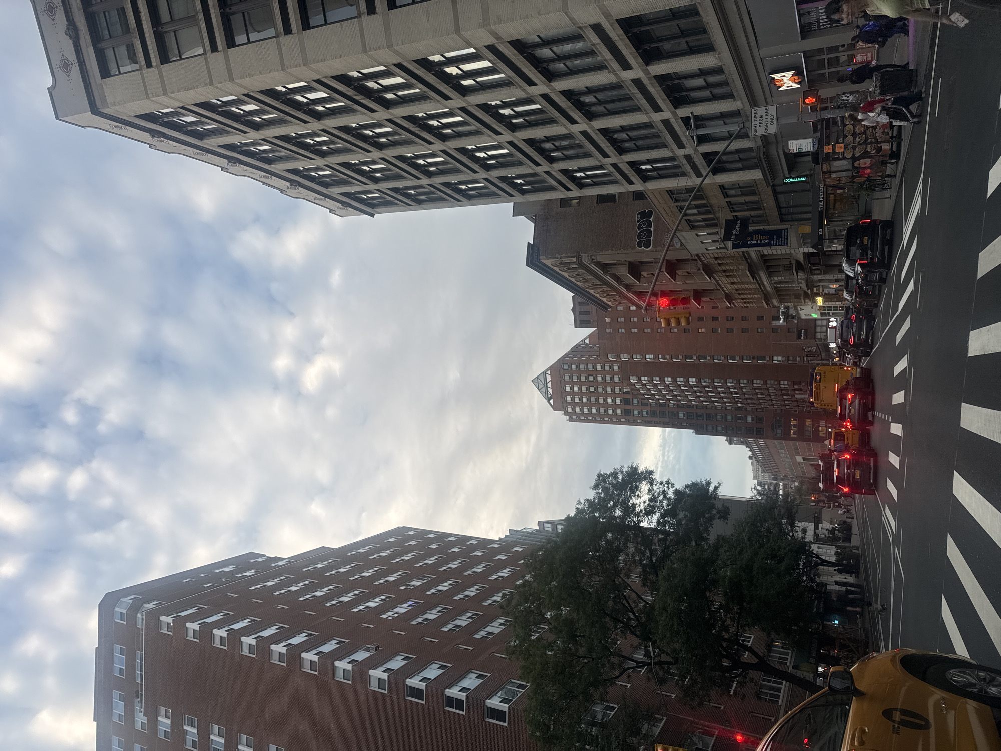 Looking up a wide New York avenue on a cloudy night