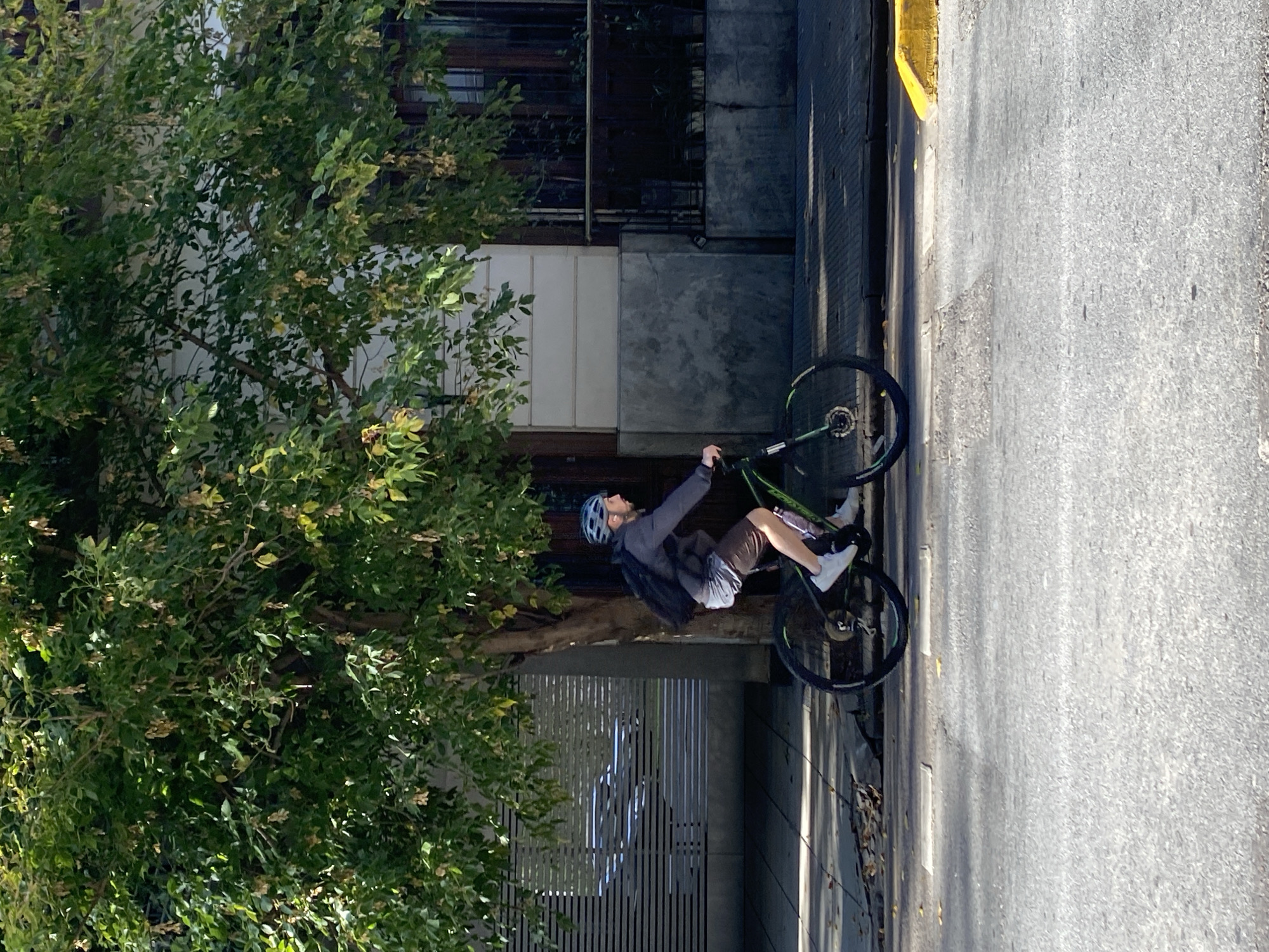 Cyclist and pedestrians share tree-lined Buenos Aires street