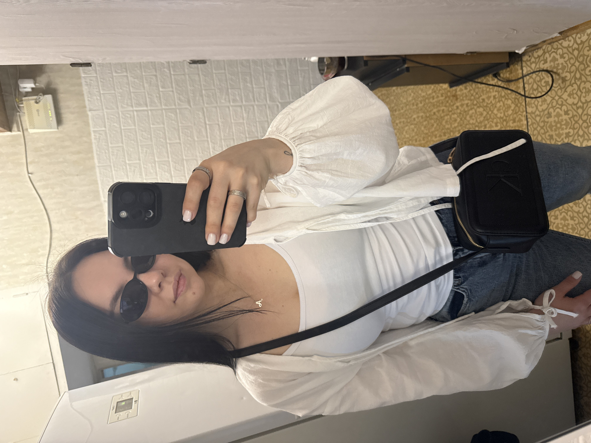 Woman takes morning selfies at home in Mytishchi