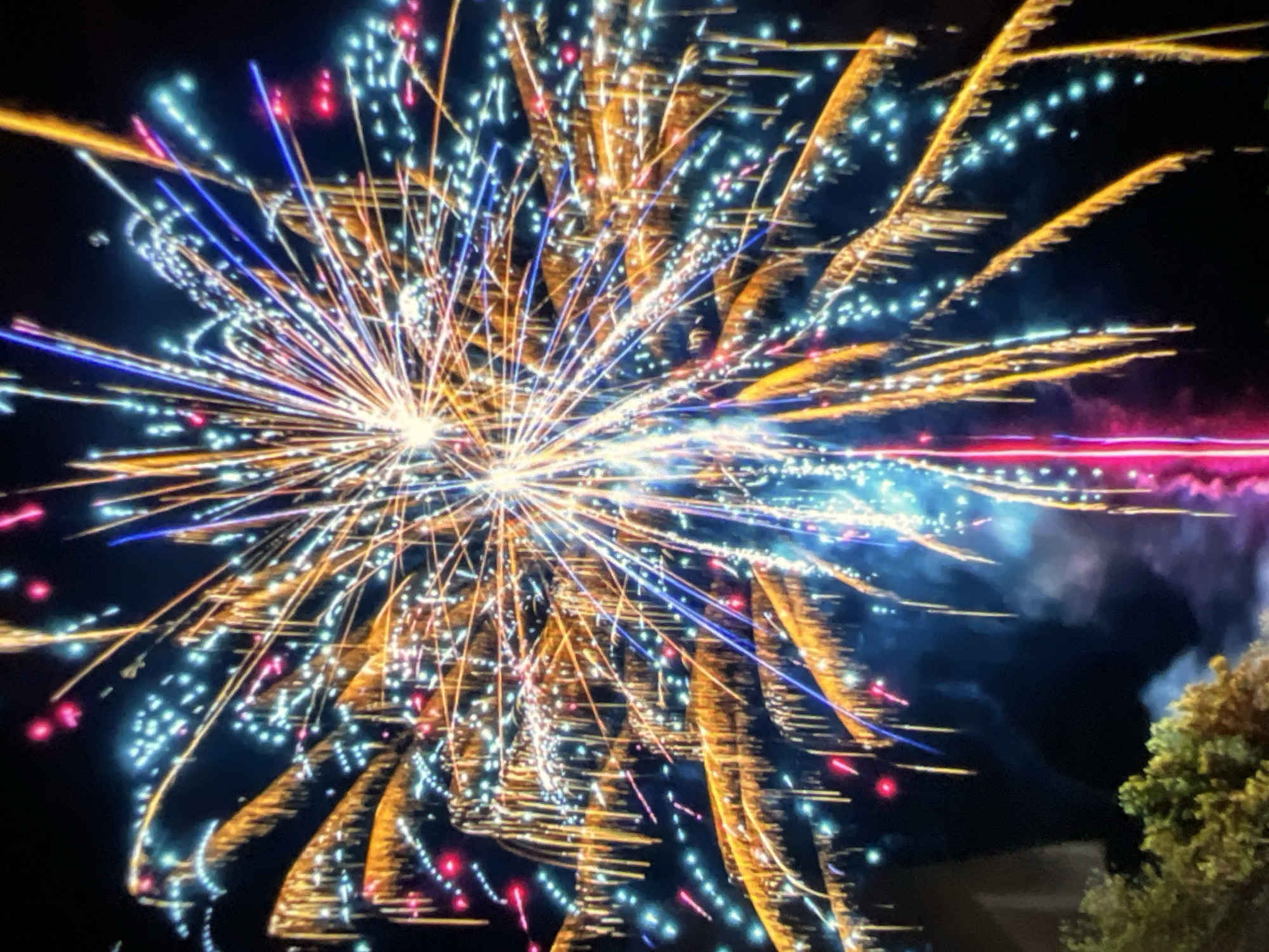 Gold, blue, and pink fireworks burst across the night sky