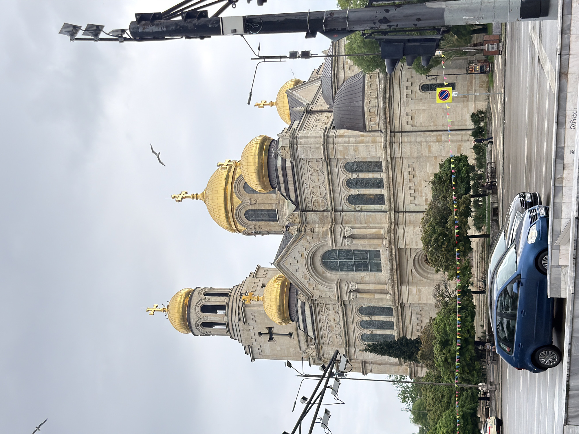 Early morning view of Varna cathedral with seagull overhead