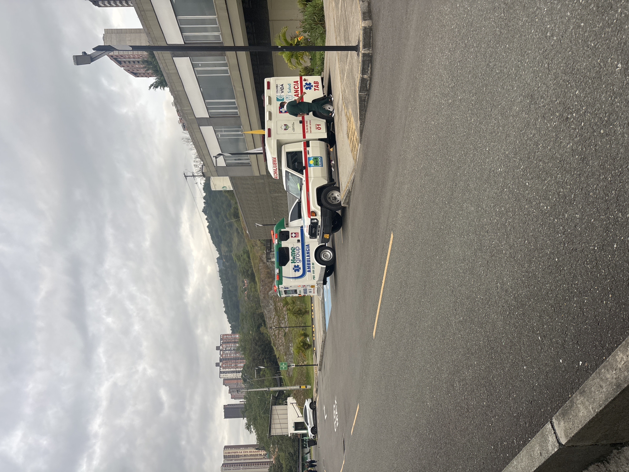 Ambulances stationed on Bello street with medical personnel present