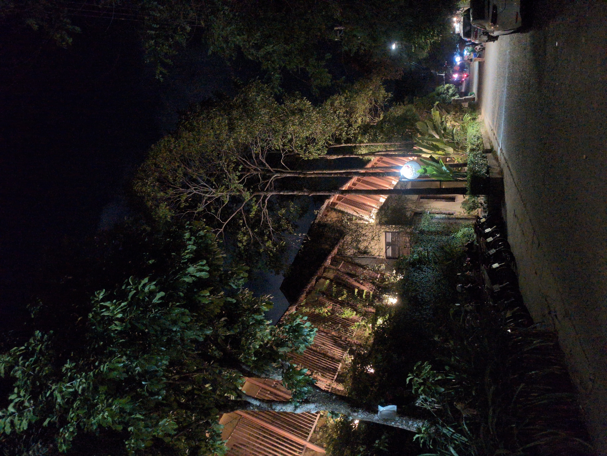Wooden lattice building captured at night in Phú Quốc