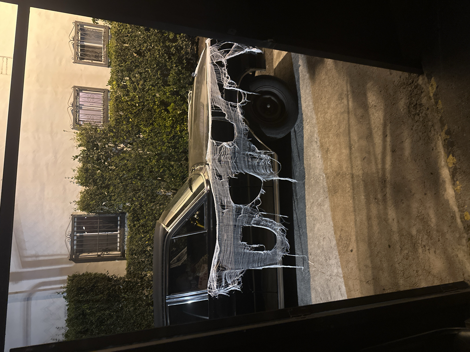 Vehicle covered in web-like fabric photographed in Los Angeles