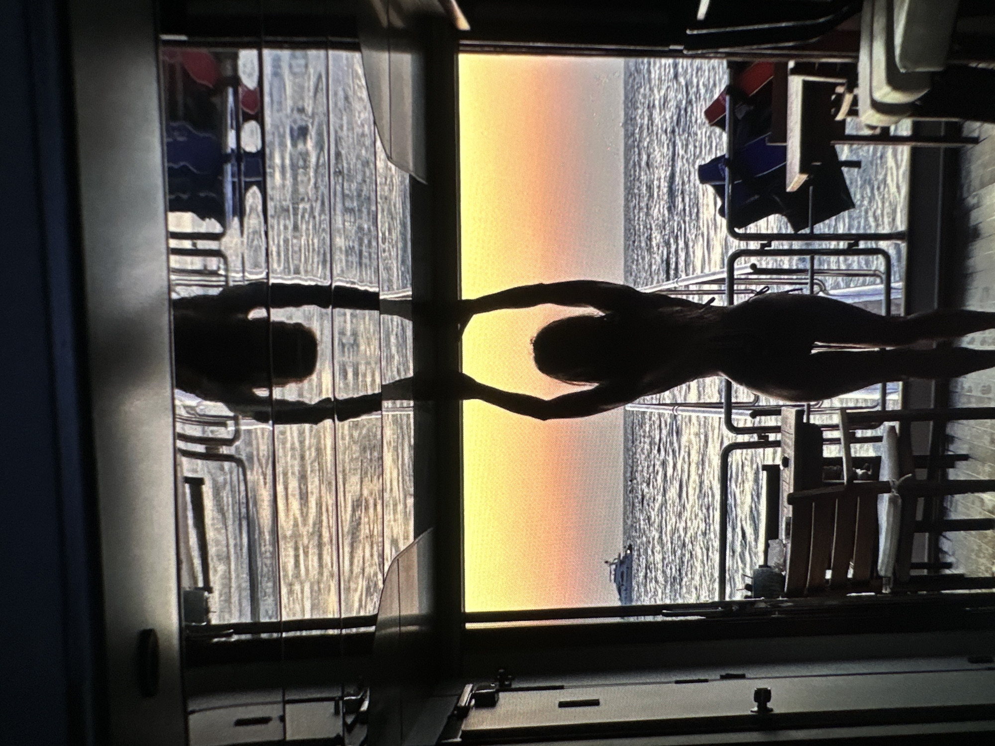Sunset witnessed from ship at sea, woman silhouetted