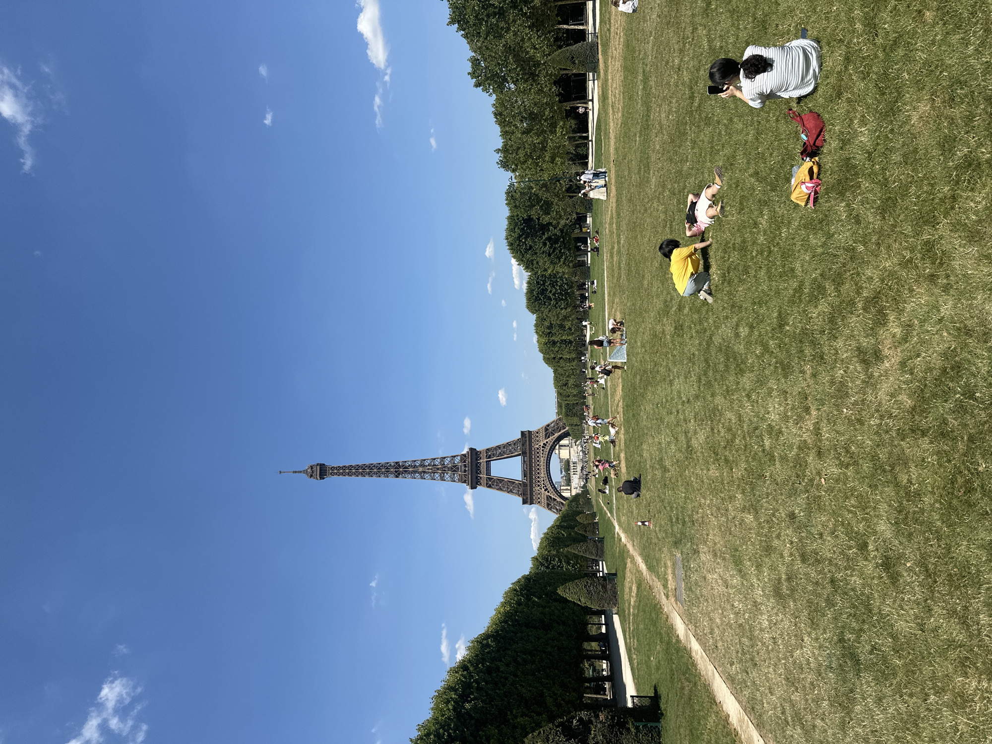 Sunny morning at the Champ de Mars, Eiffel Tower in full view