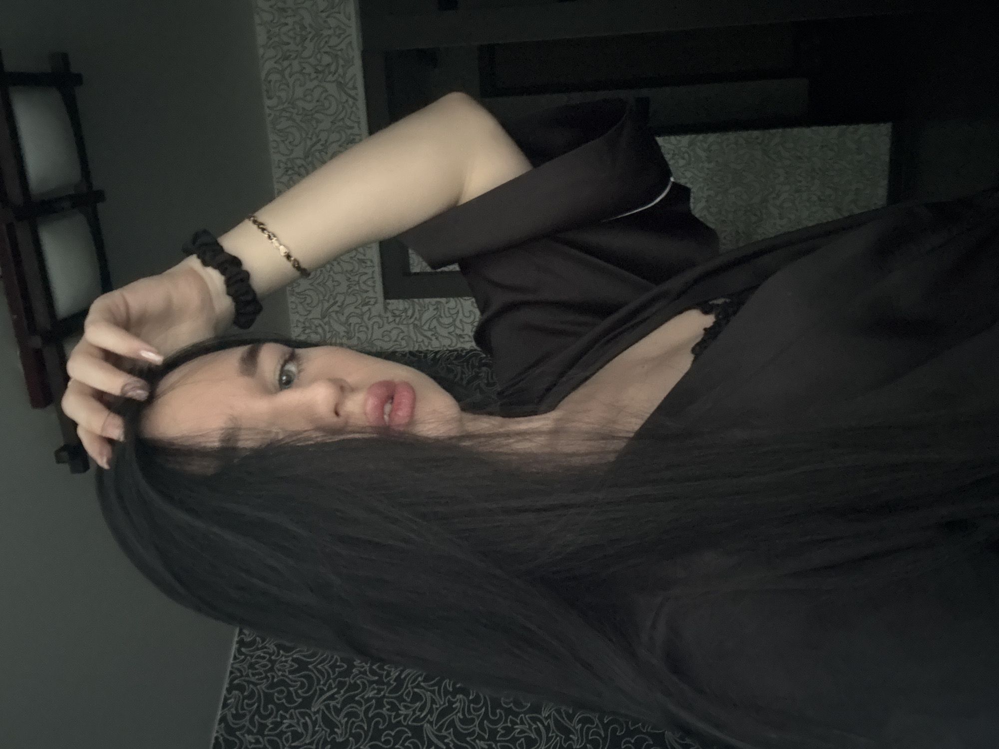 Portrait session in black robe, Novosibirsk apartment