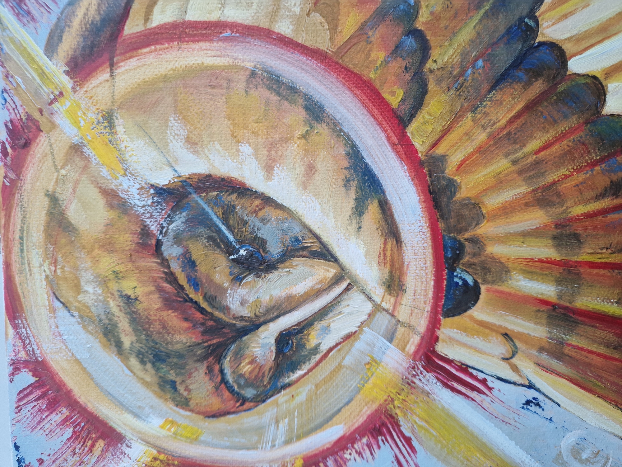 Artist creates abstract painting with warm colors, textured brushstrokes