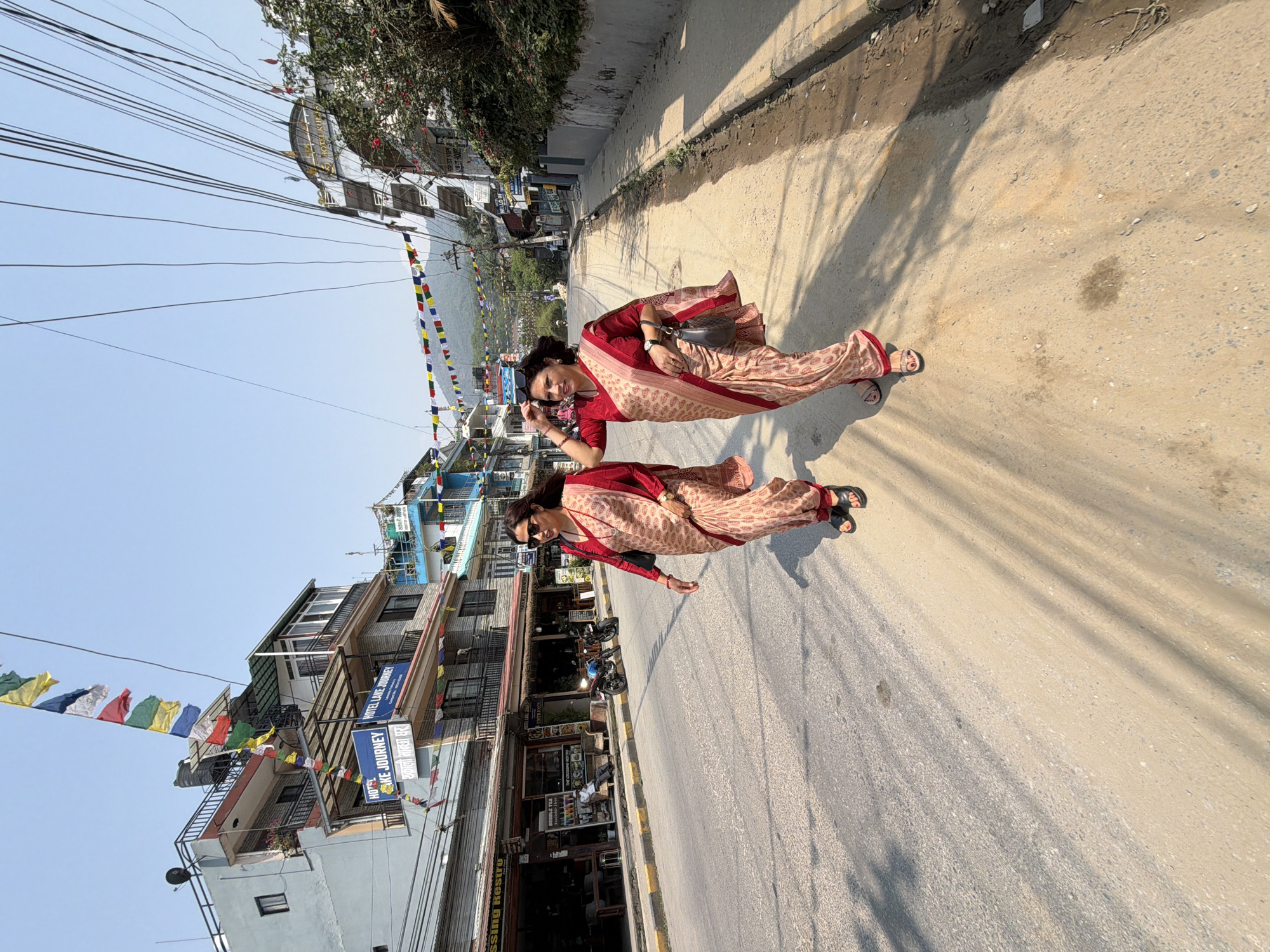Morning street scene captured near bakery in Pokhara, Nepal