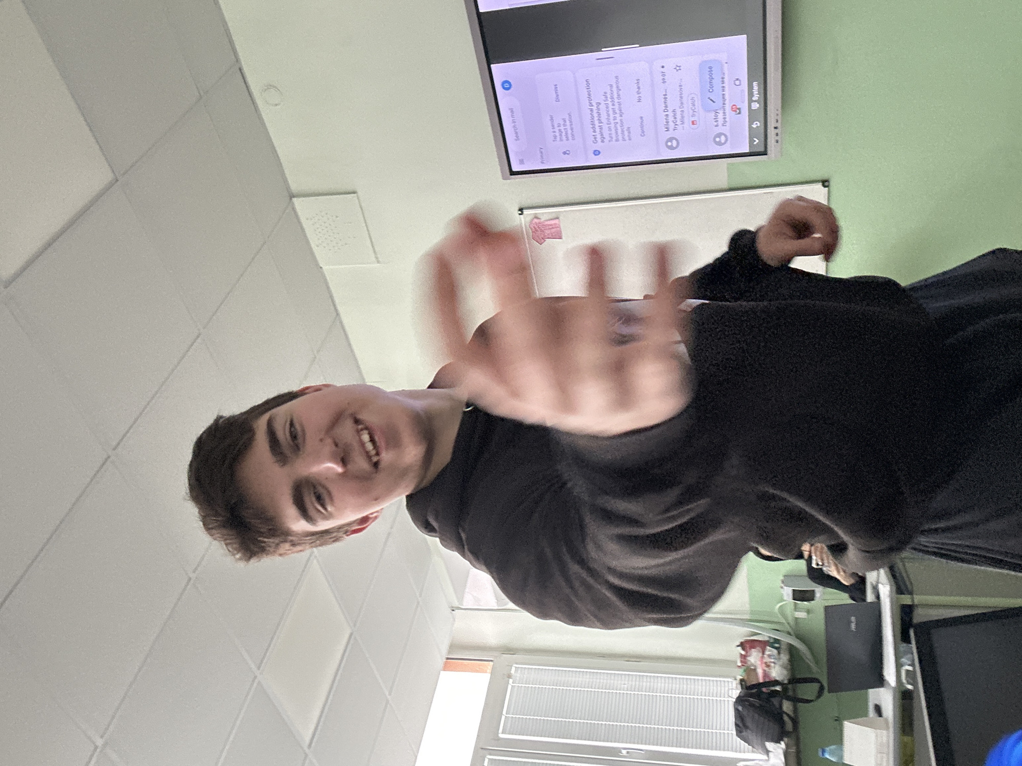 Student arrives at classroom in Ruse, Bulgaria