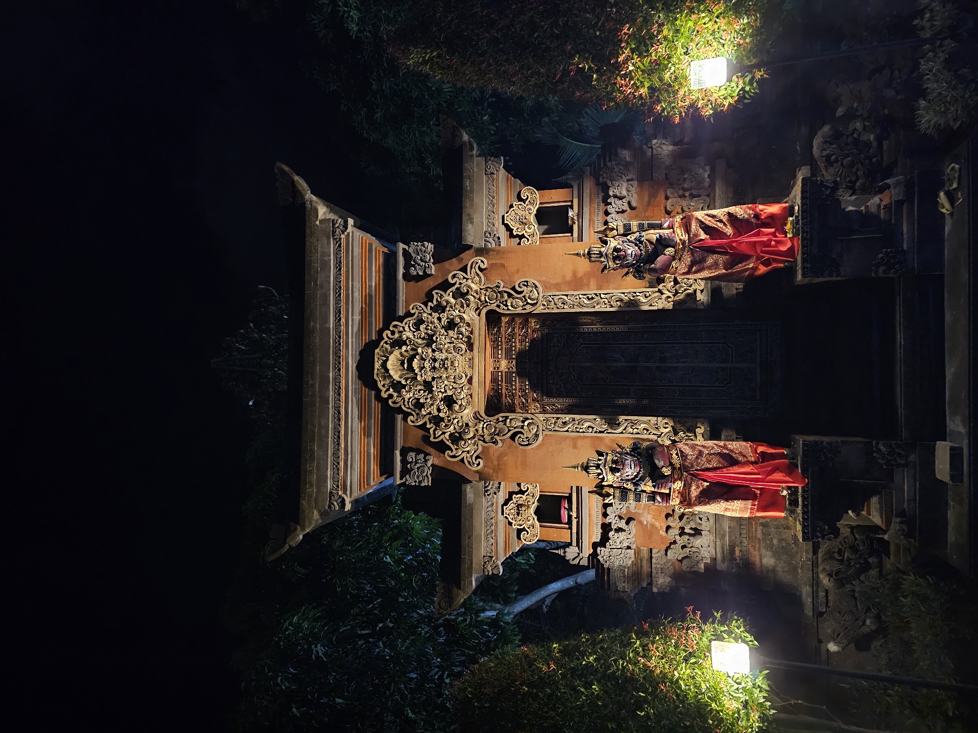 Nighttime documentation of Denpasar's ornate temples and street scenes