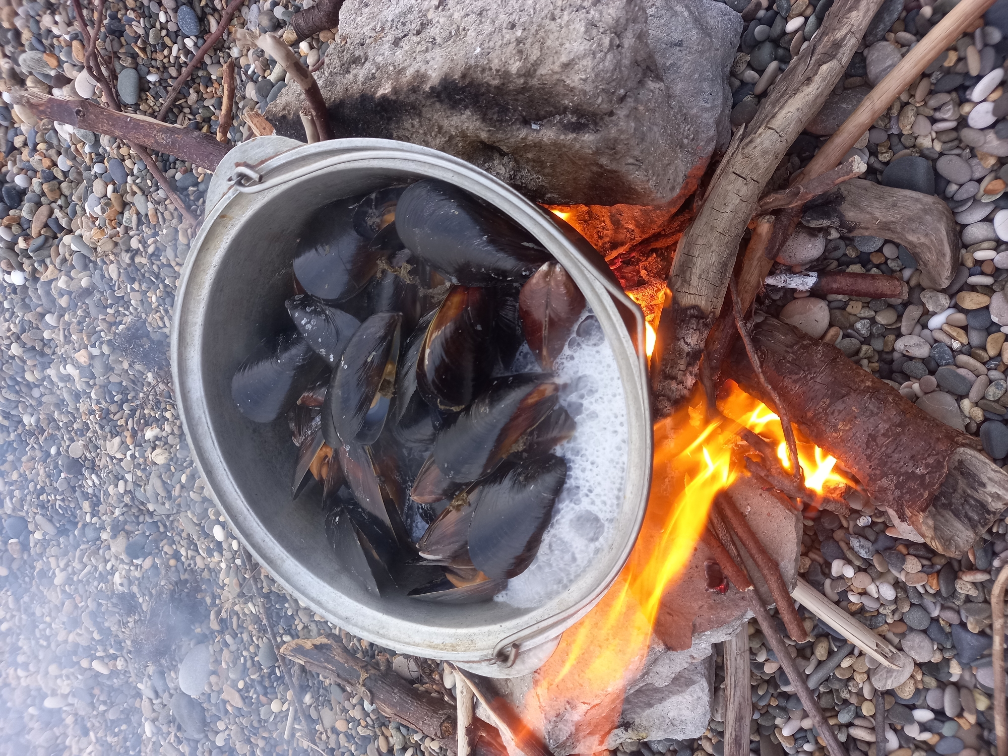 Beach day in Gwandra: mussels on the fire, pebbles underfoot
