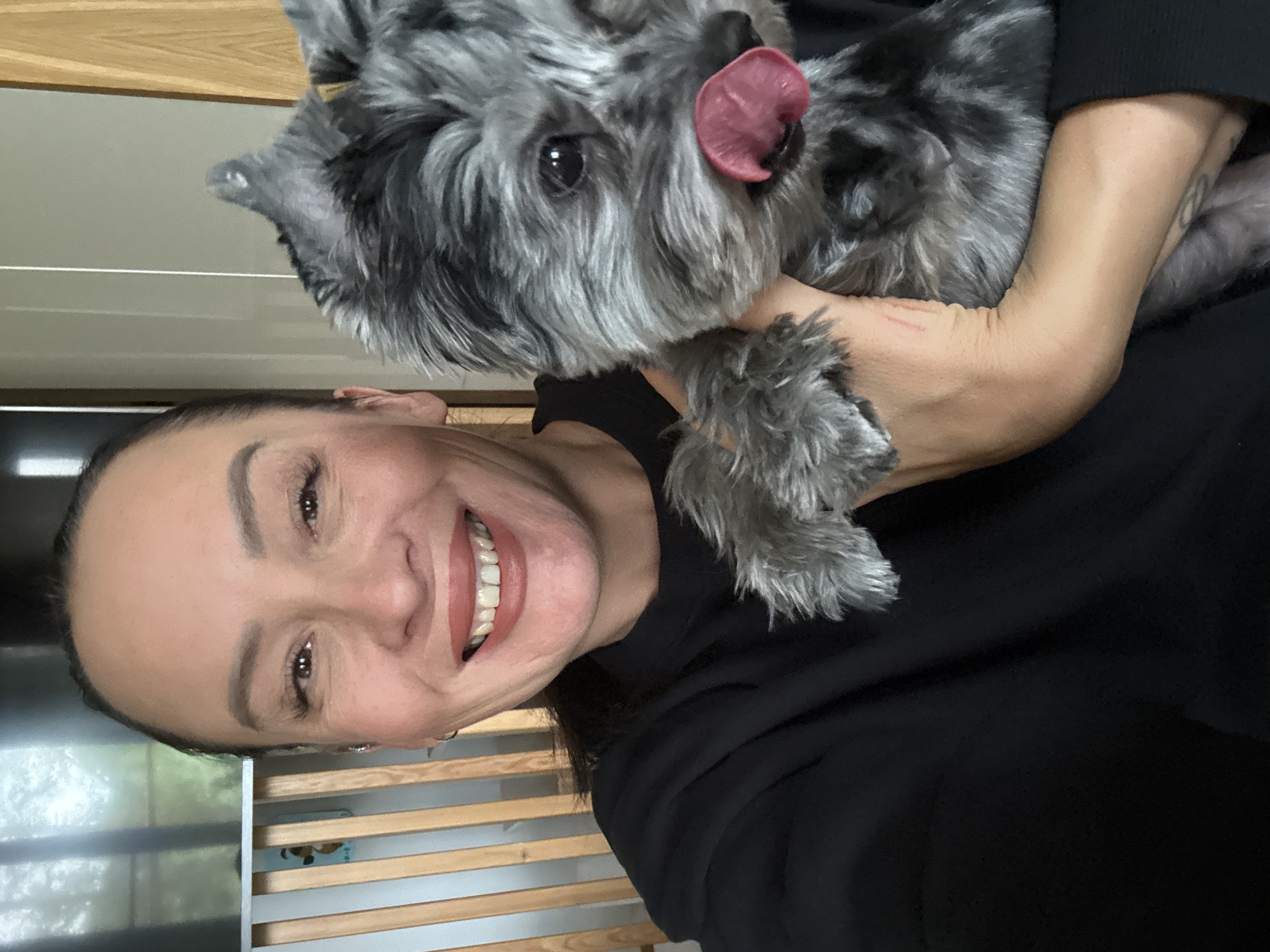 Selfie session with a small grey dog in Chaikovsky
