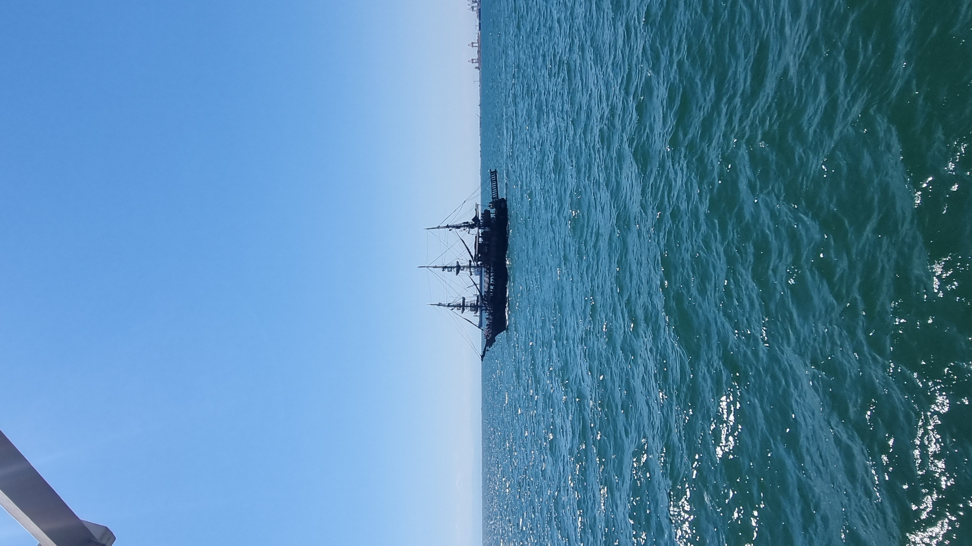 Black Pearl replica tall ship sails Thessaloniki's waterfront bay