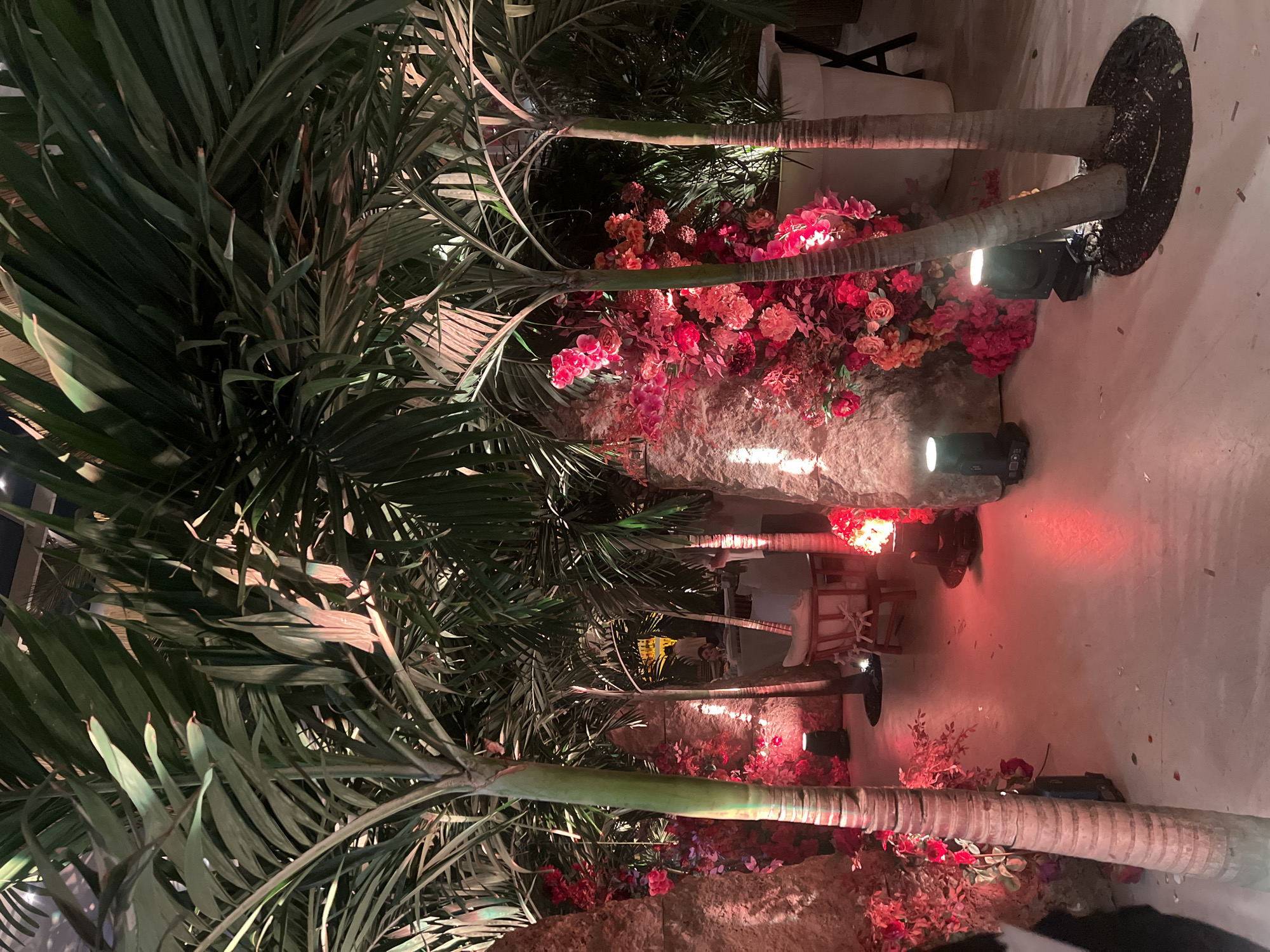 Event venue in Yerevan features palm trees, flowers under spotlights