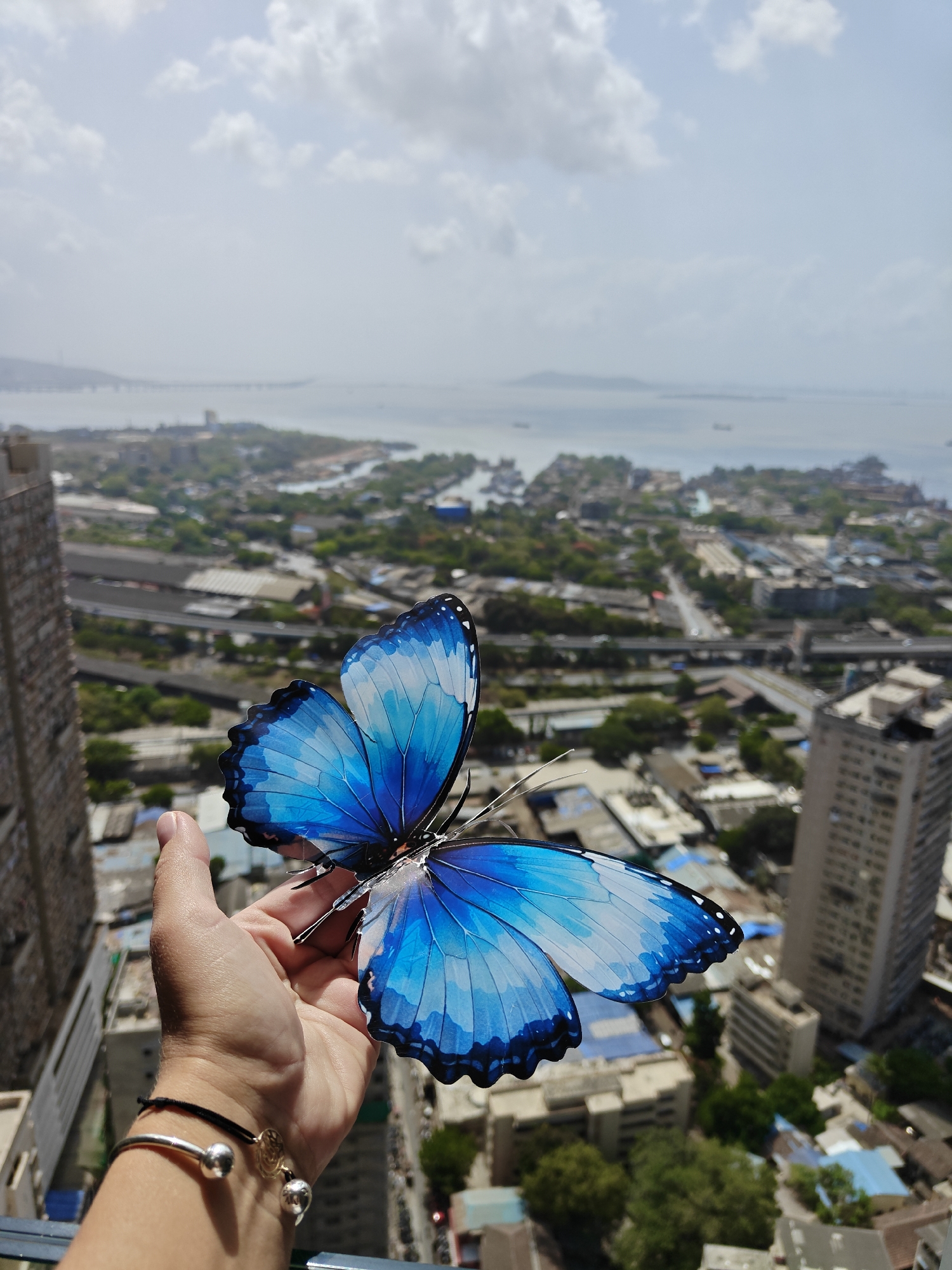 Artificial Blue Butterfly Displayed Over Mumbai Cityscape at Dawn