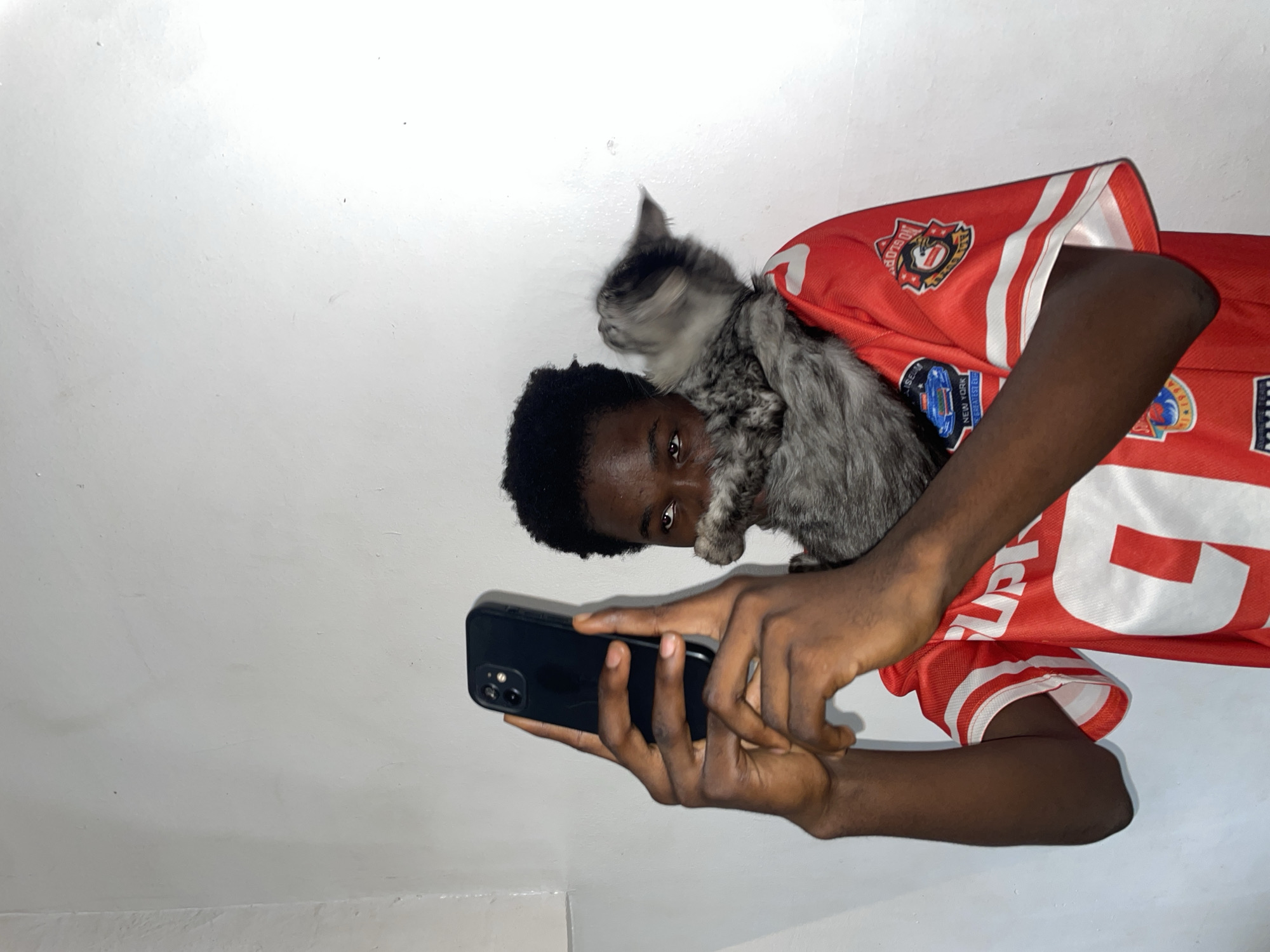 Person with white face paint photographed with kitten in Ado