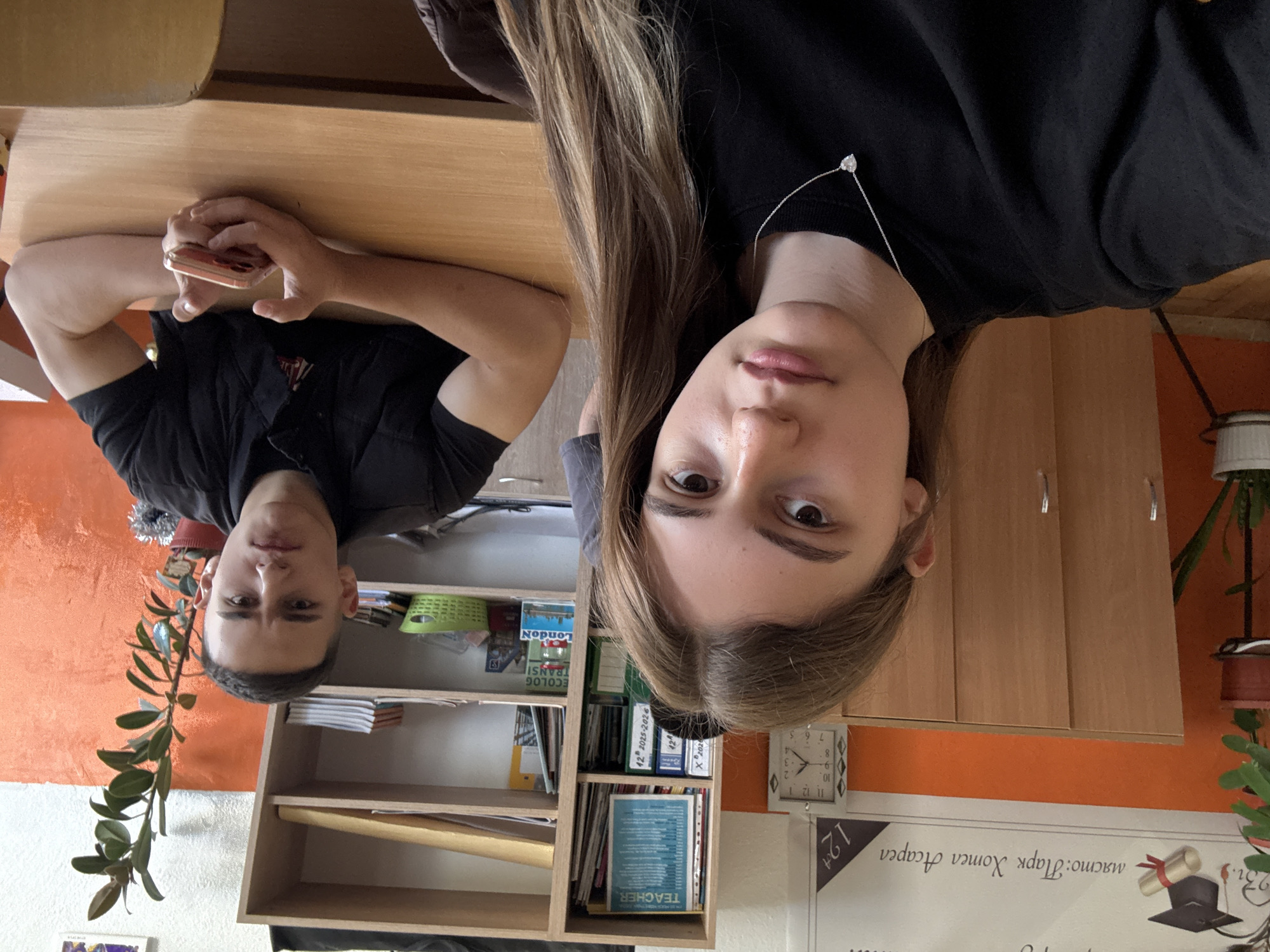 Students take selfies during classroom break in Panagyurishte, Bulgaria