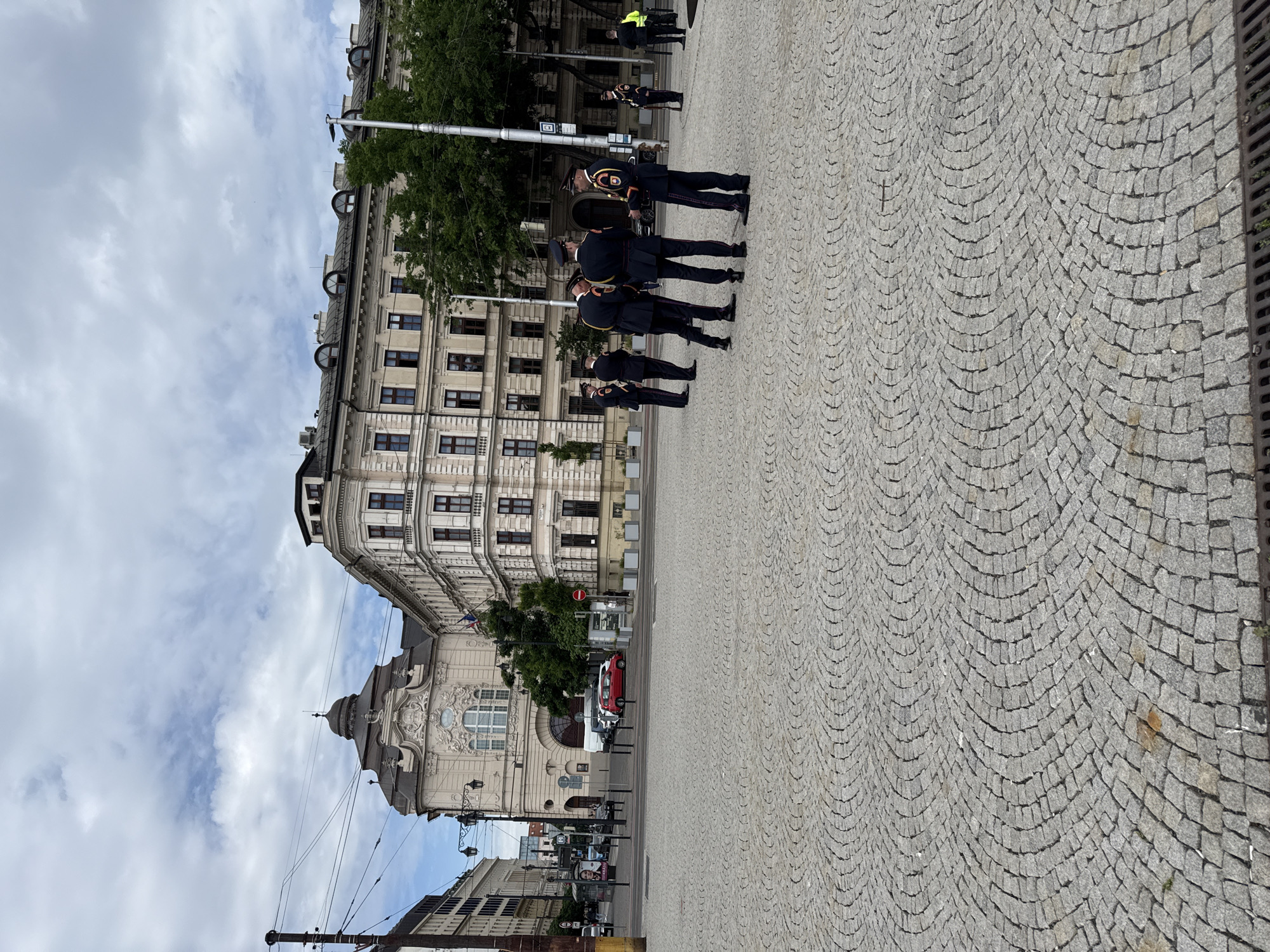 Uniformed officials gather at Bratislava government building