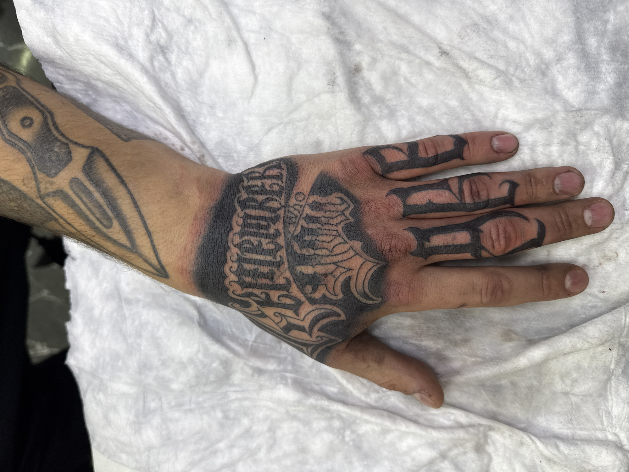 Heavily tattooed arm photographed resting on white fabric Moscow