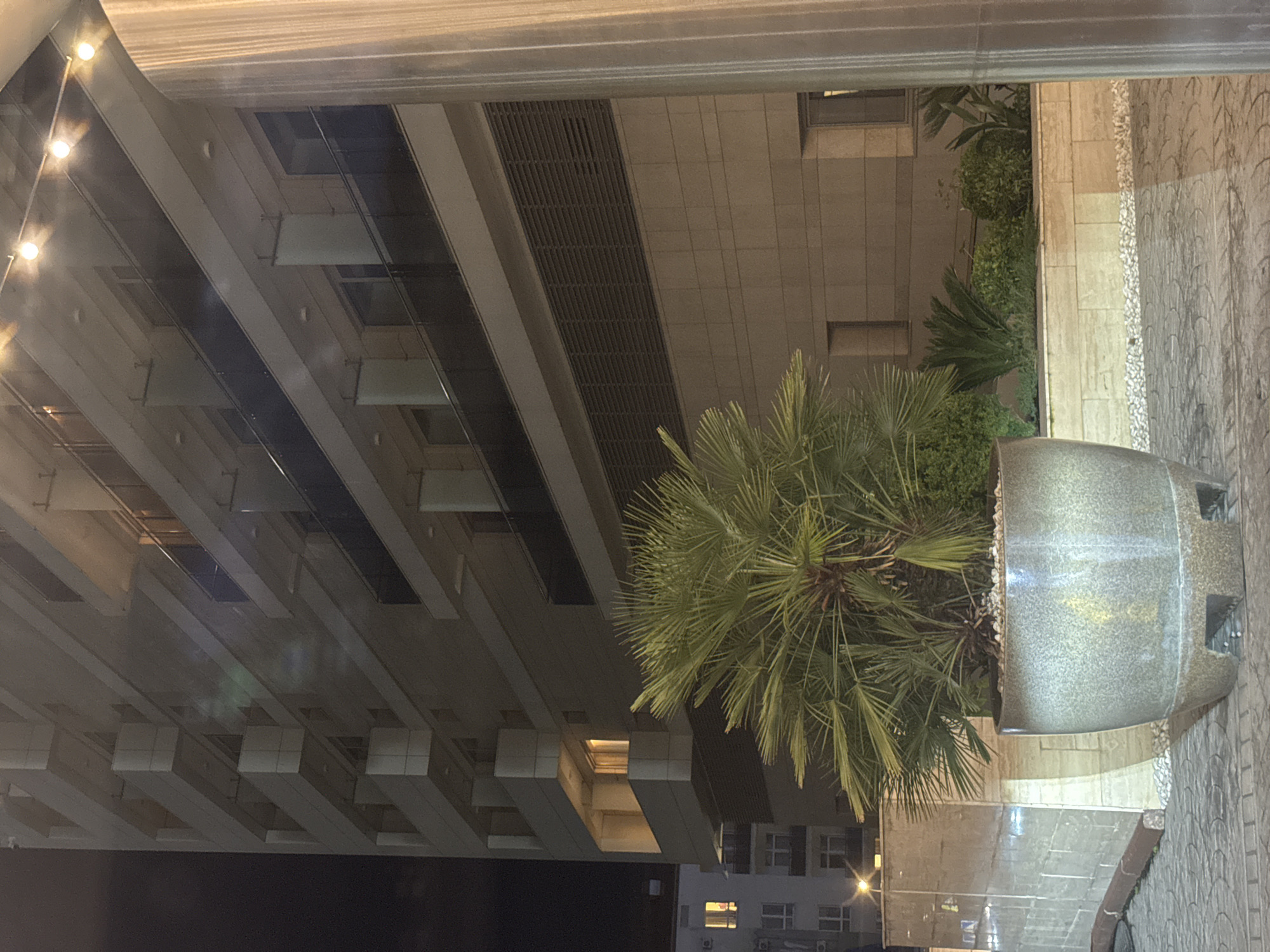 Nighttime architectural scene with landscaping observed in Sirius, Russia
