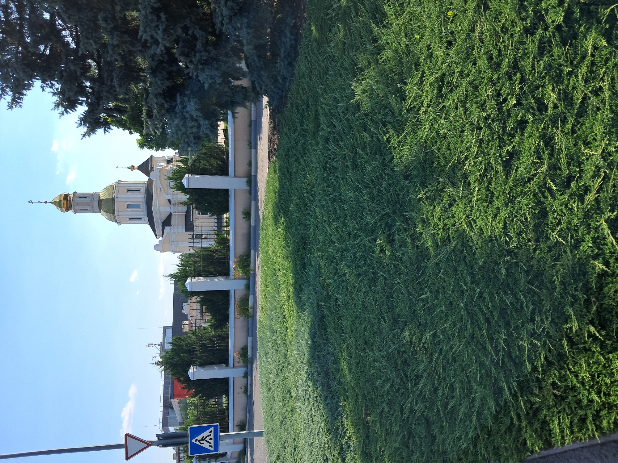 Paved road beside a fenced wall with manicured grounds