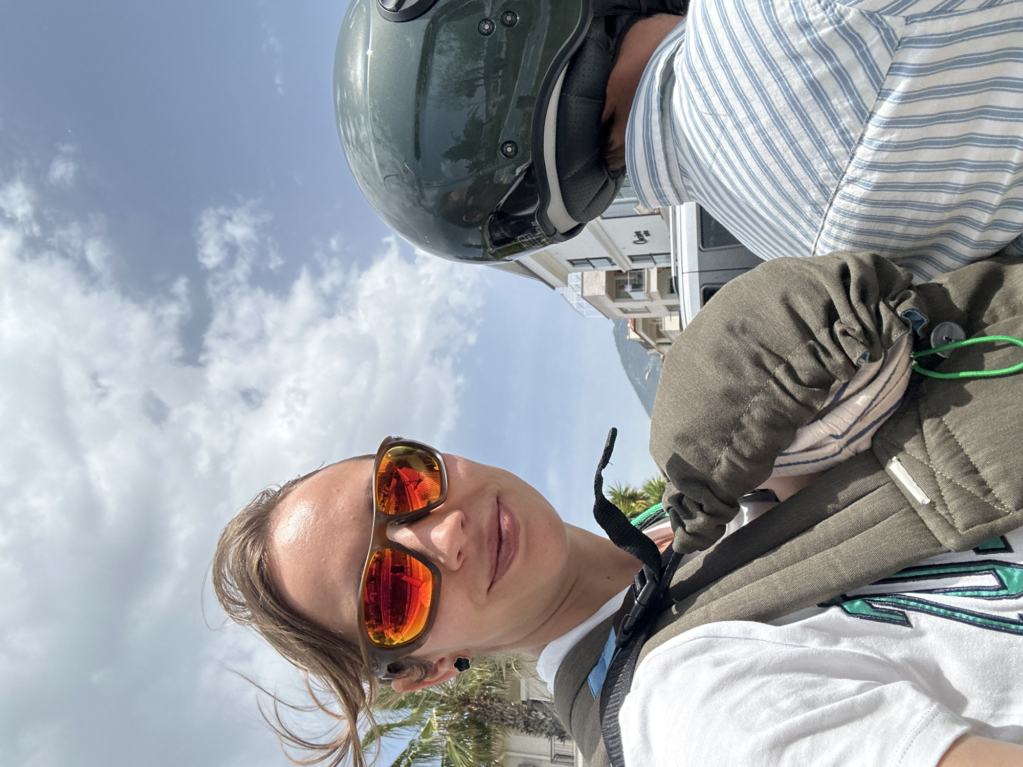 Tourists photographed against cityscape in Fethiye, Turkey