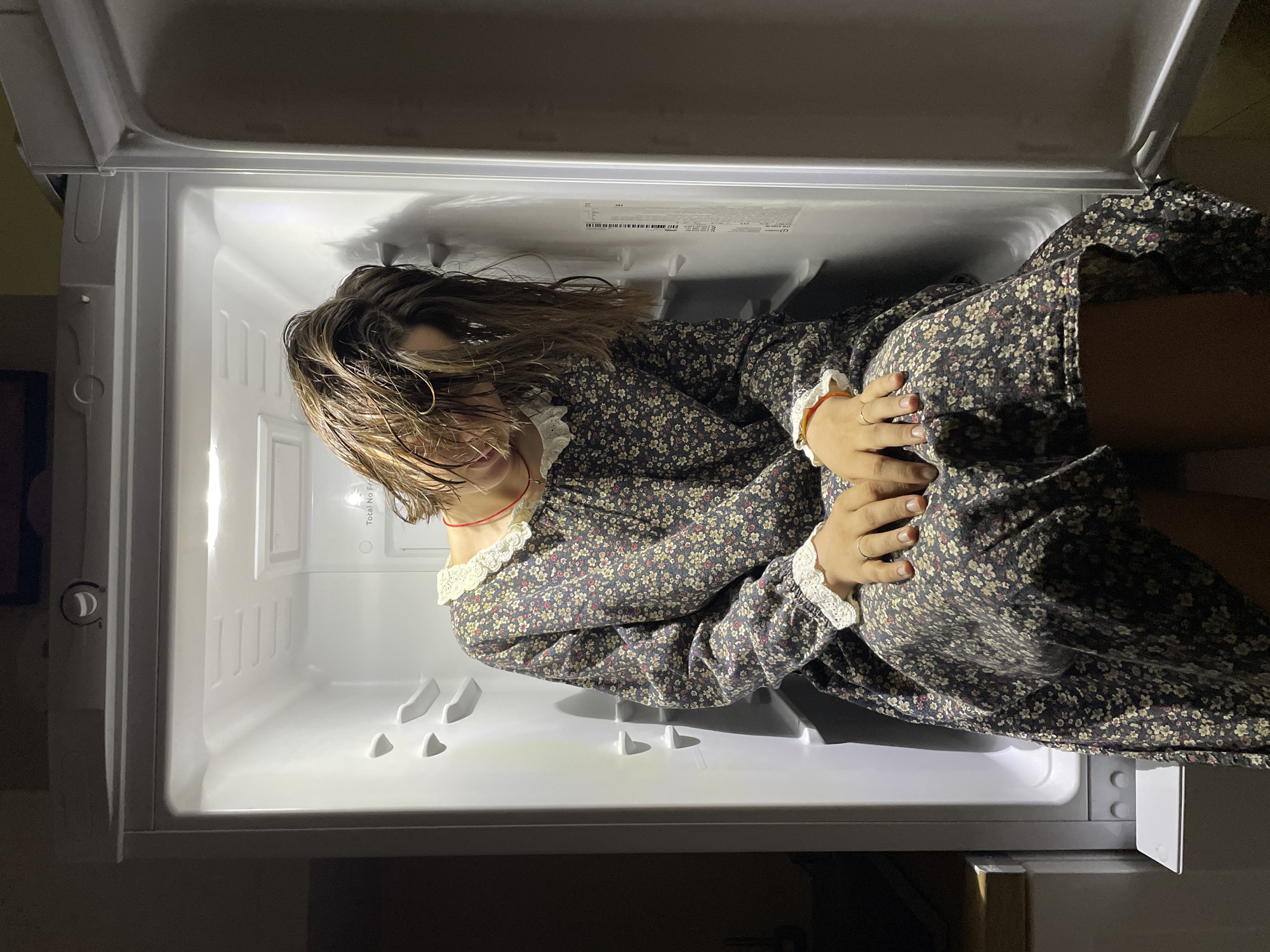 Cooling off inside a refrigerator on a hot day in Novorossiysk
