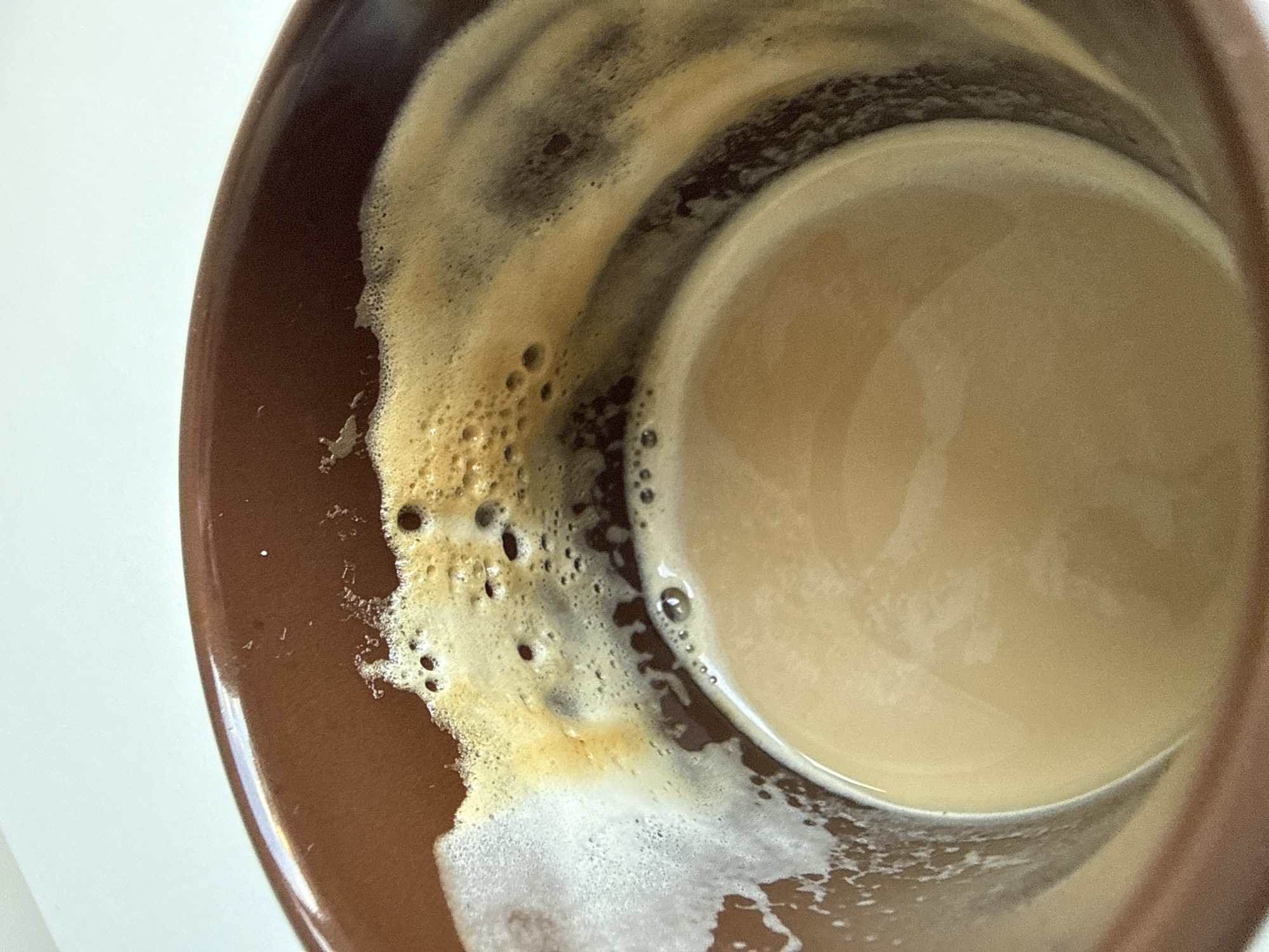 Frothy coffee with milk in a brown ceramic mug, Blanes