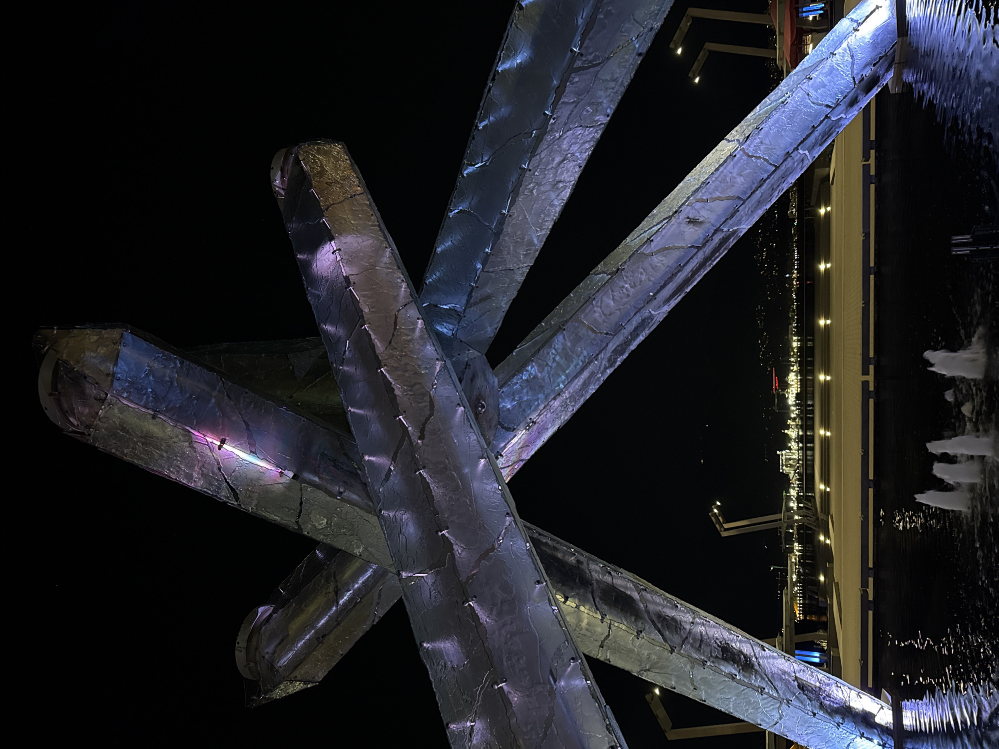 Olympic Cauldron photographed at night in Vancouver waterfront area