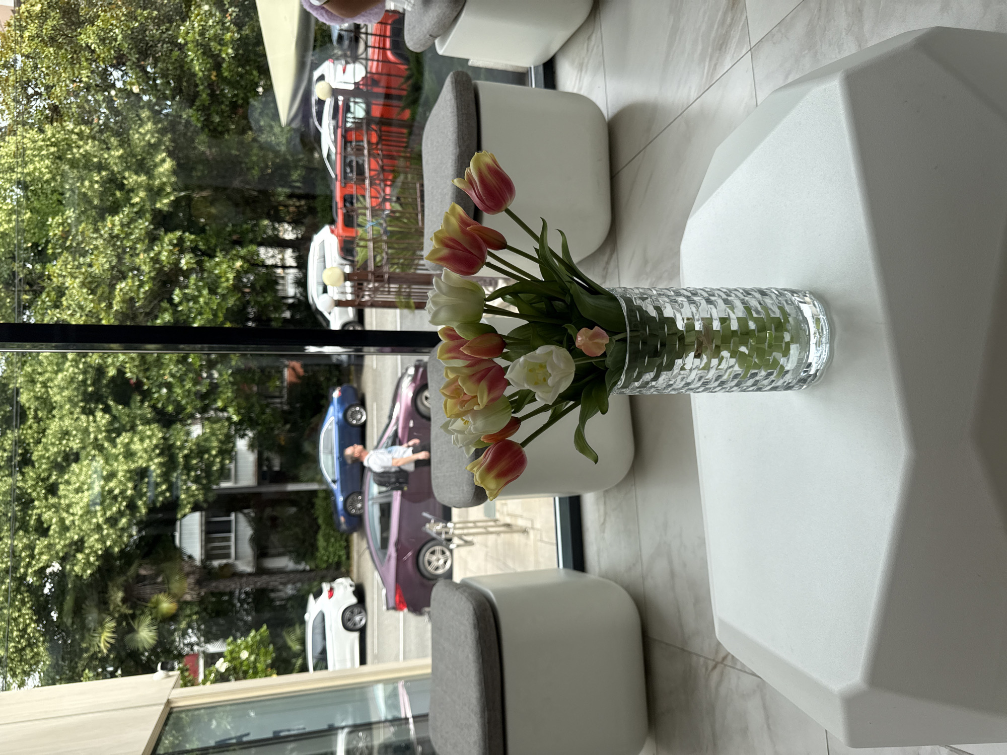 Service robot and tulips inside a Sochi venue