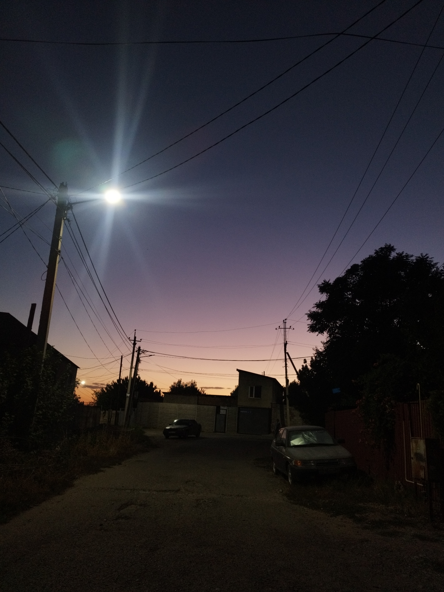 Twilight on a Shymkent street, flowers, gates, and motion