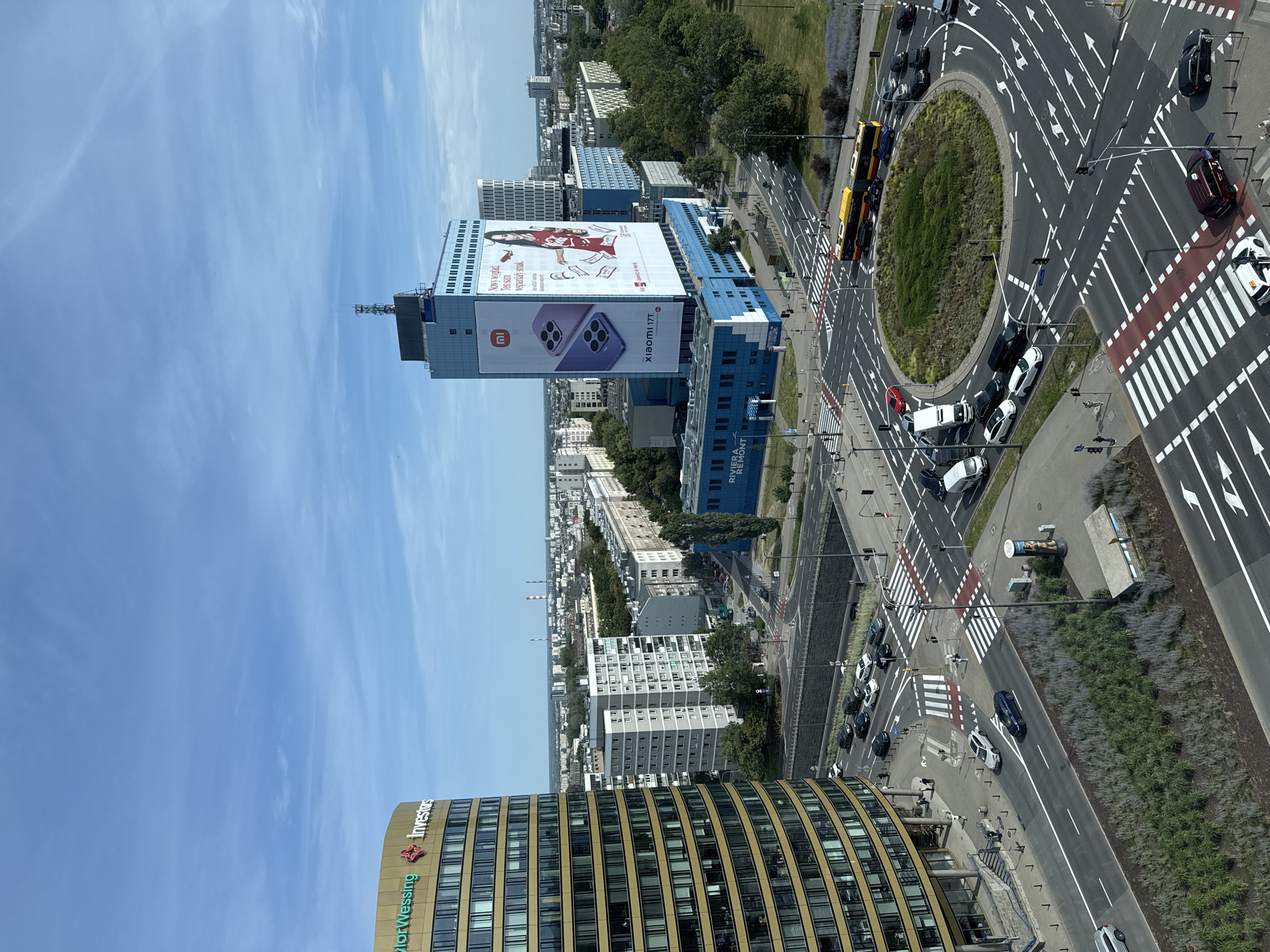 Aerial views over Warsaw's Rondo Daszyńskiego roundabout and modern skyline