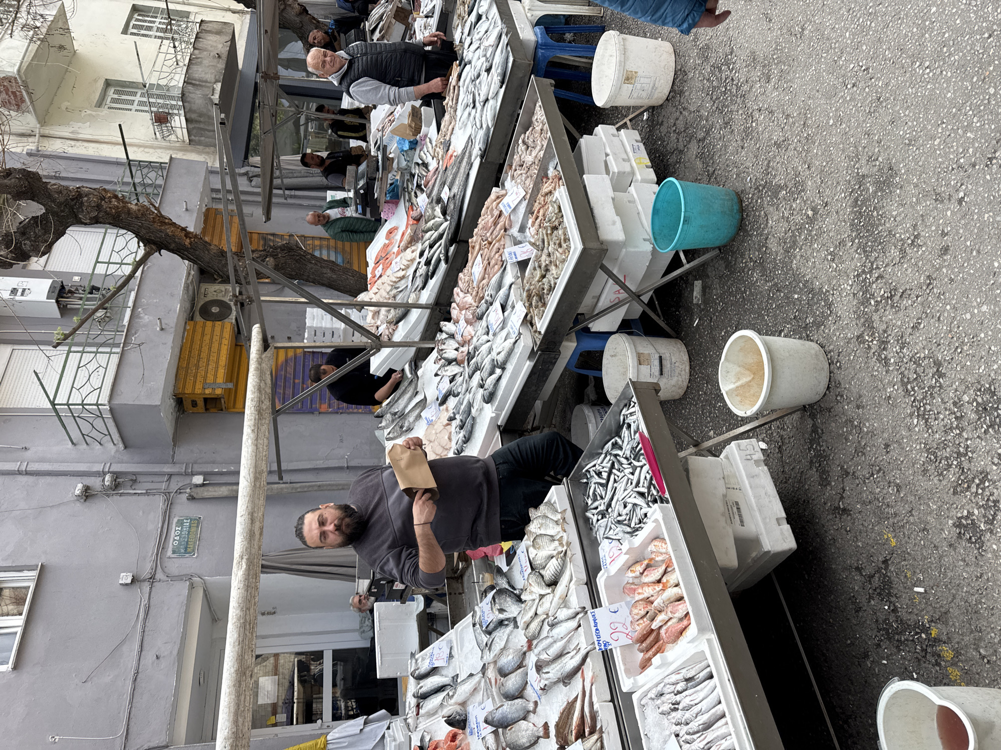 Outdoor fish market operates on Thessaloniki street Saturday morning