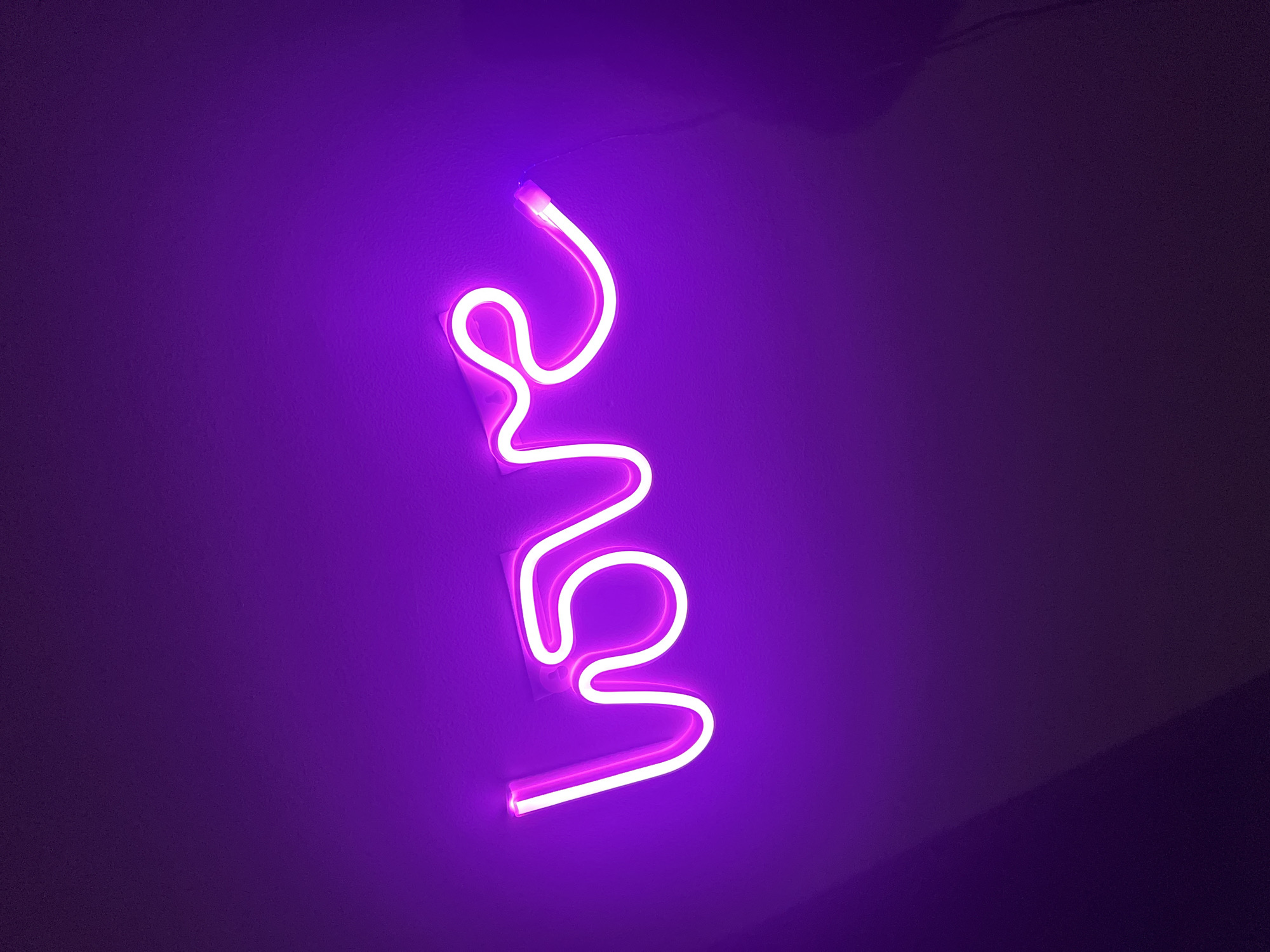 Neon love sign glows on purple wall in Kudrovo