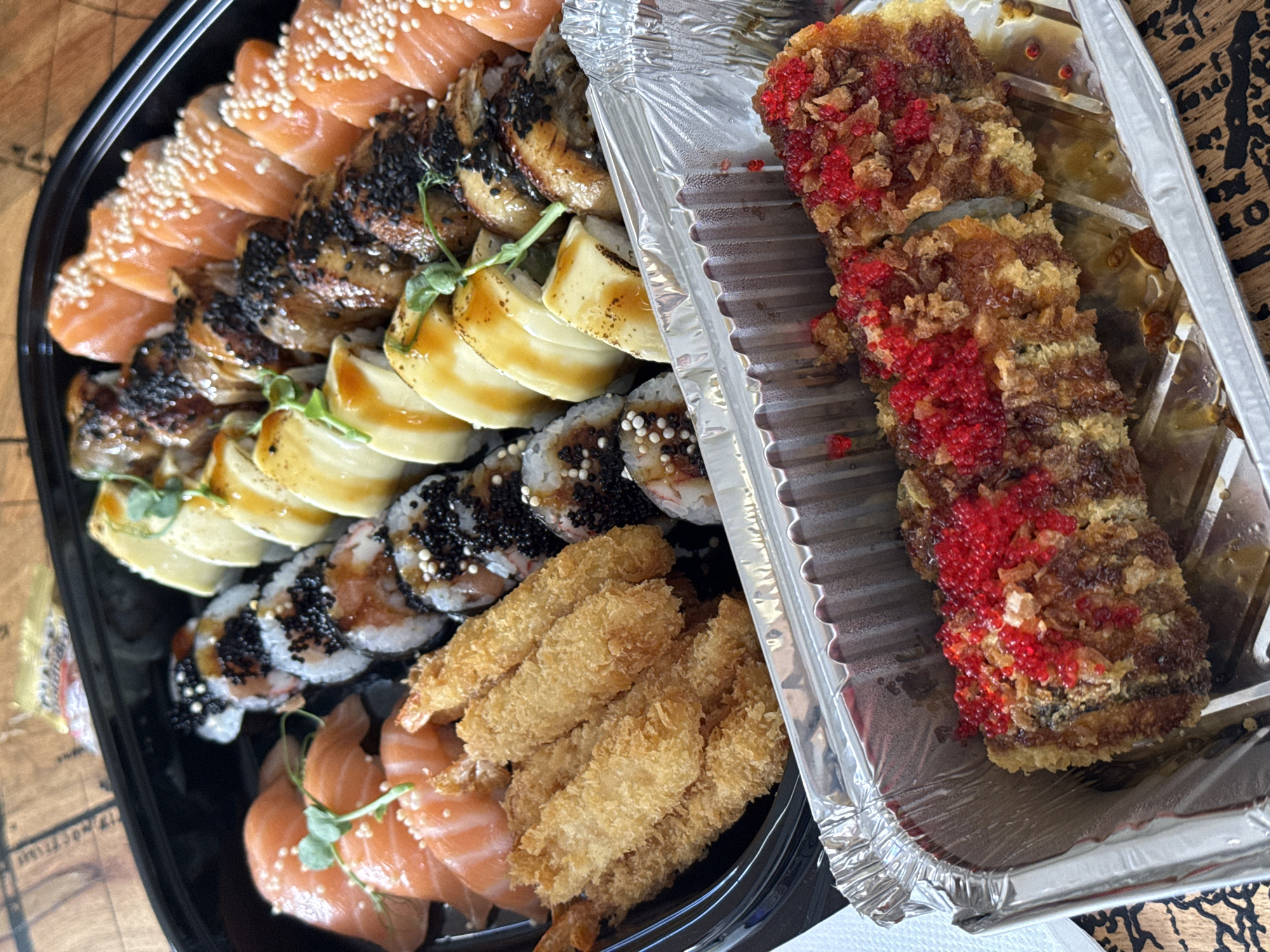 Sushi platter and foil container, Prague takeout