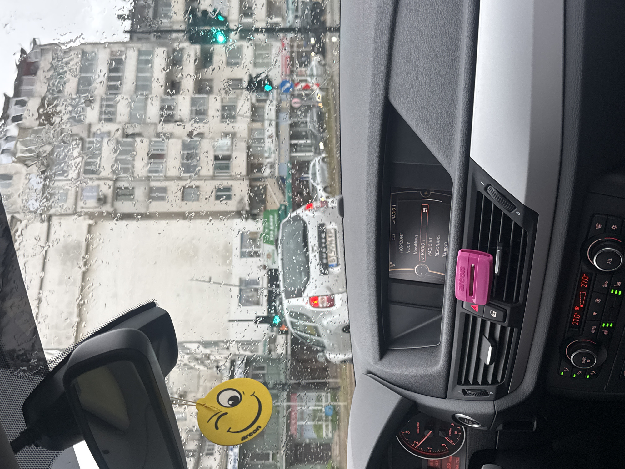 Rainy street view through car windshield in Veliko Tarnovo