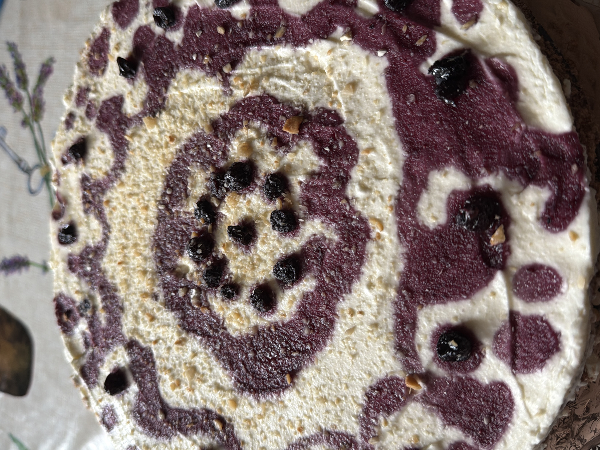 Blueberry cheesecake photographed from overhead in Stara Zagora, Bulgaria