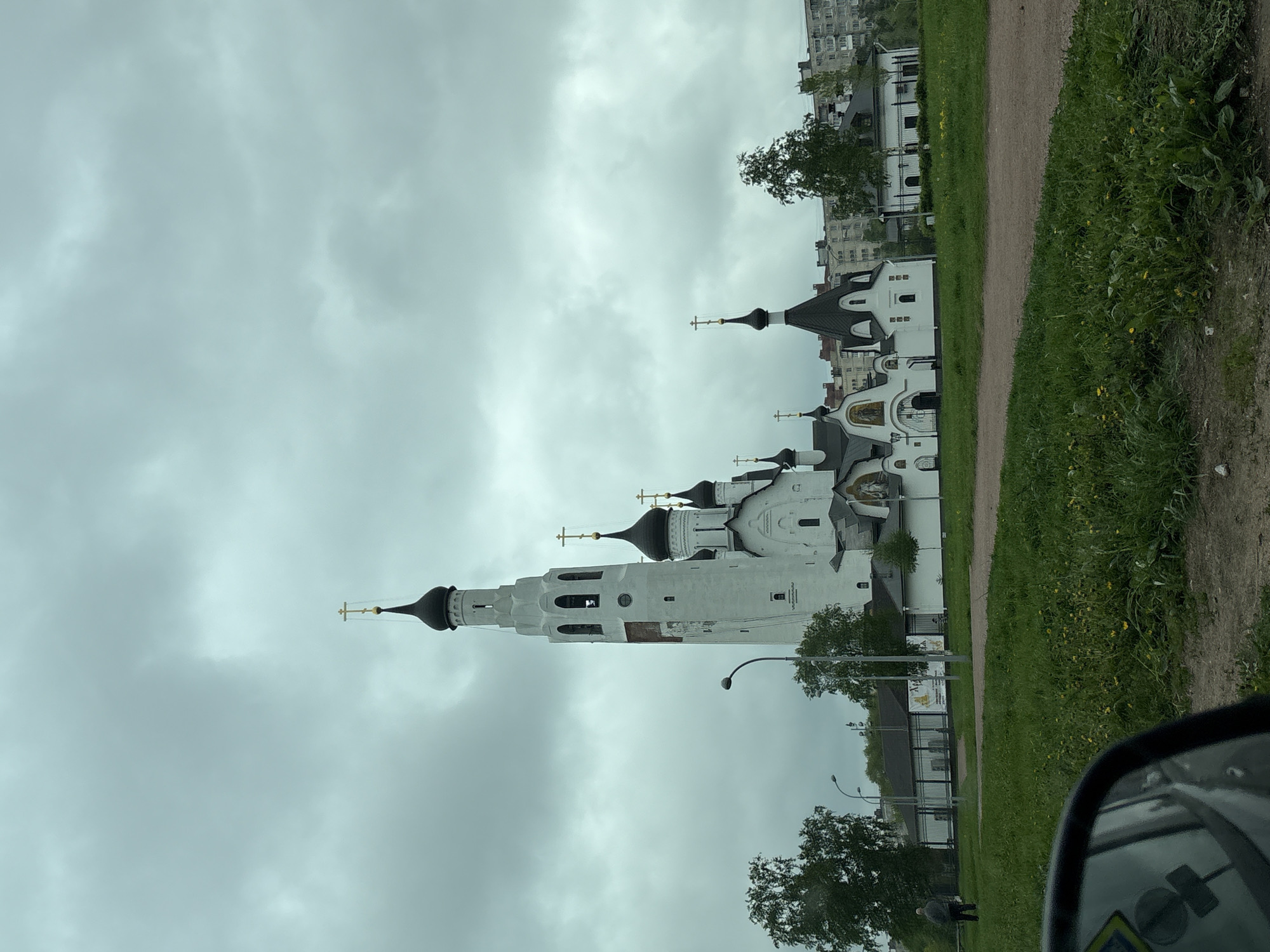 Orthodox church with black domes observed in Saint Petersburg