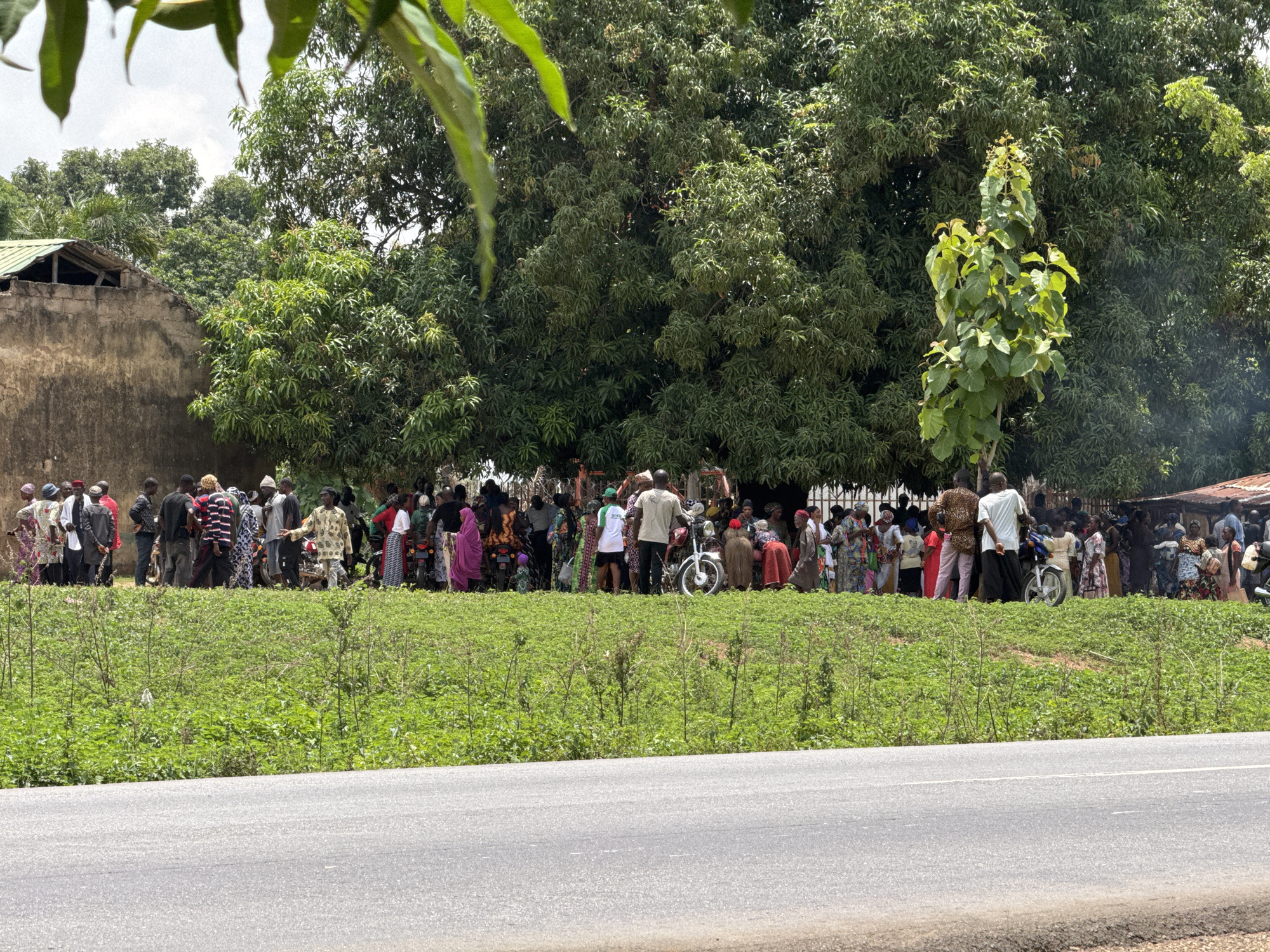 Large crowd gathers roadside under trees in Akwanga, Nigeria