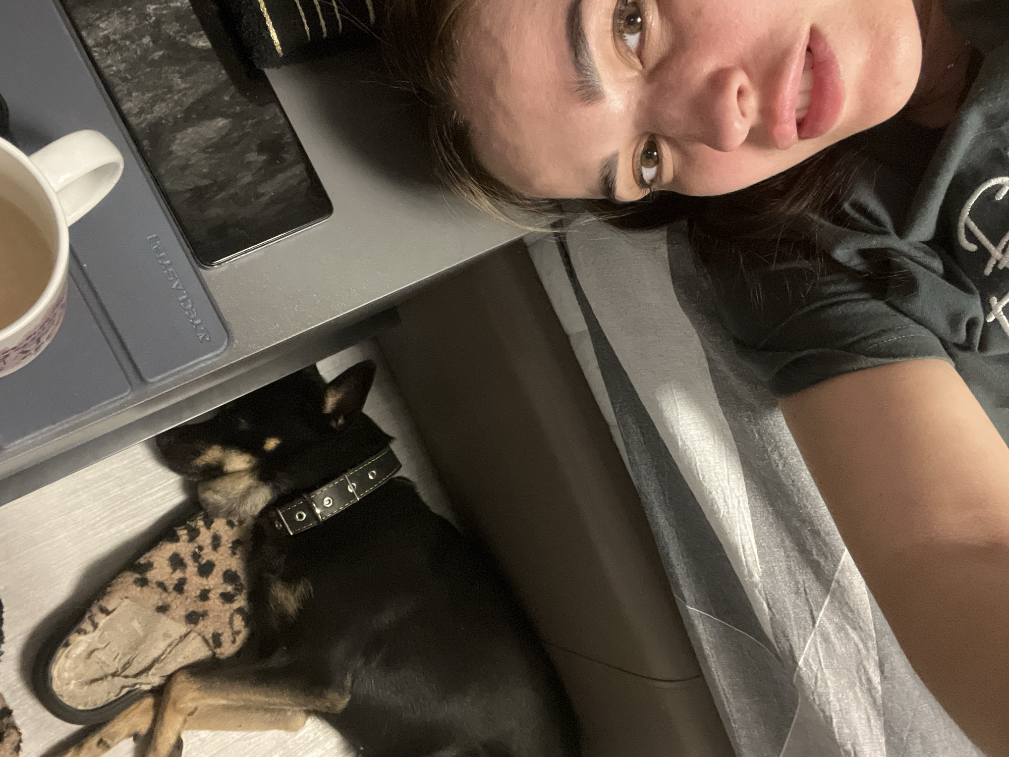 Family and dog share quiet bedroom moment together