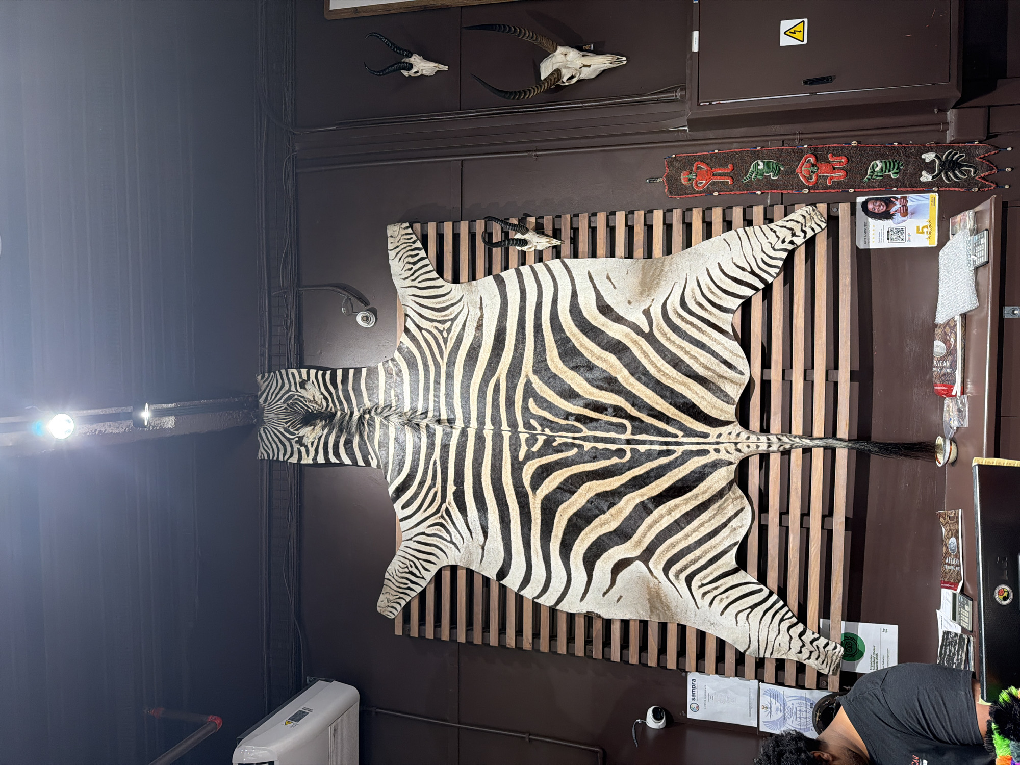 Cape Town room displays African decor, zebra rug, cultural photography