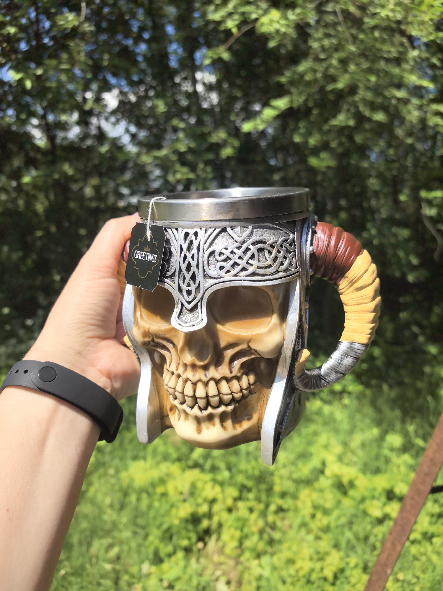 Morning scenes captured in Гаревая: skull mug, aviation flag